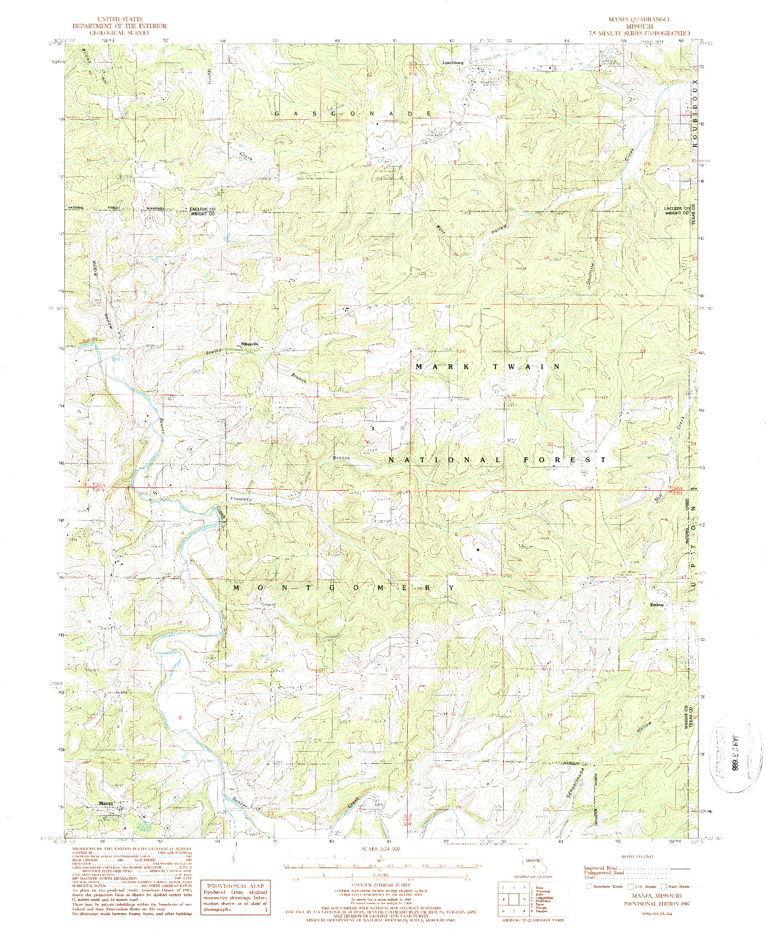 USGS 1:24000-SCALE QUADRANGLE FOR MANES, MO 1987
