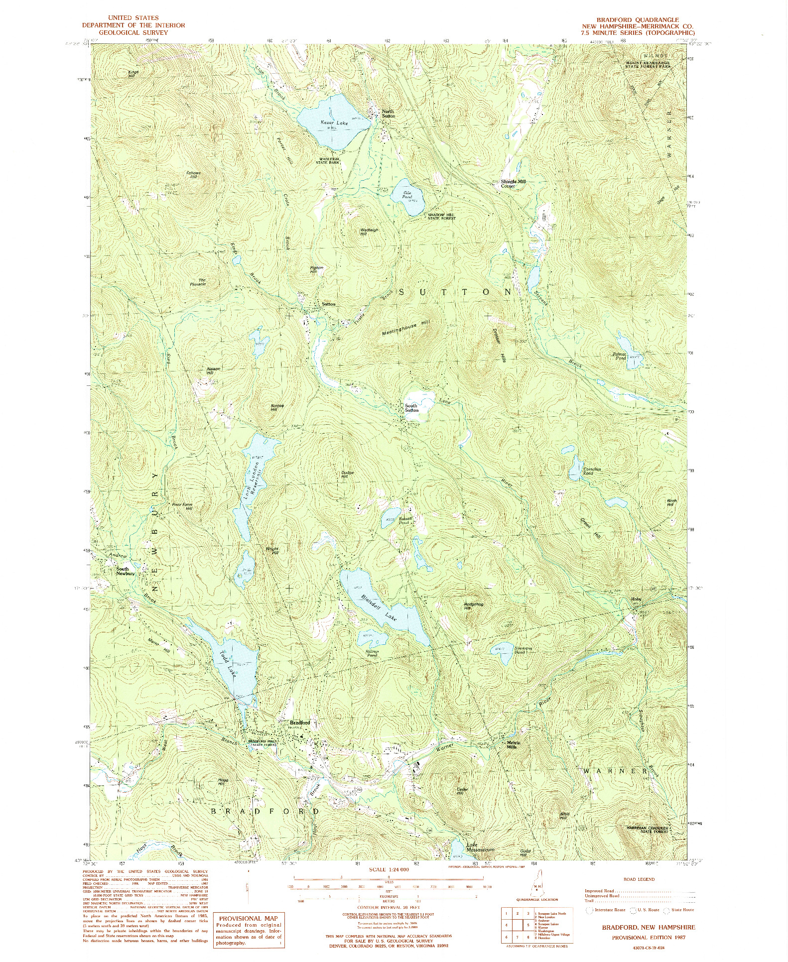 USGS 1:24000-SCALE QUADRANGLE FOR BRADFORD, NH 1987