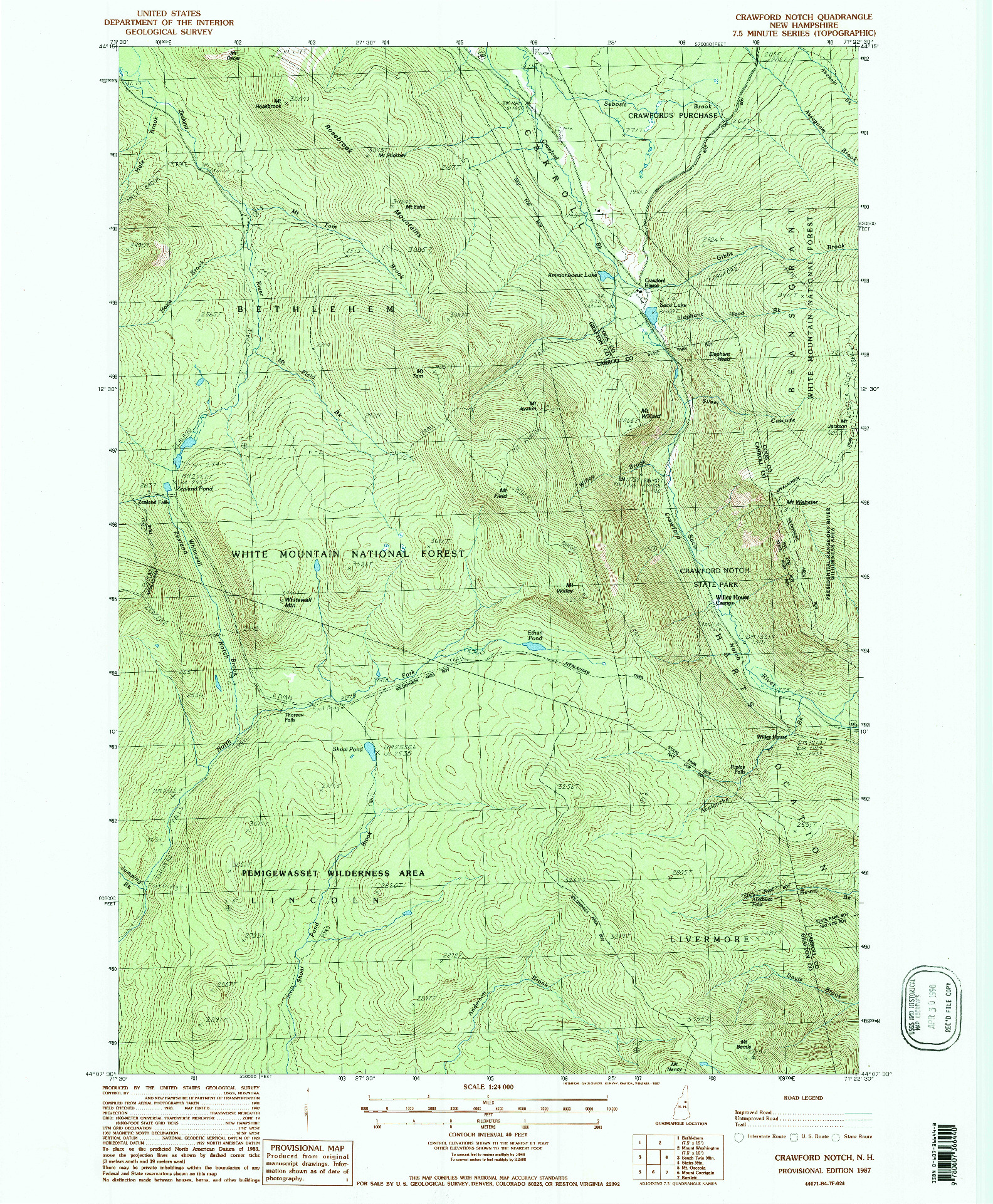 USGS 1:24000-SCALE QUADRANGLE FOR CRAWFORD NOTCH, NH 1987