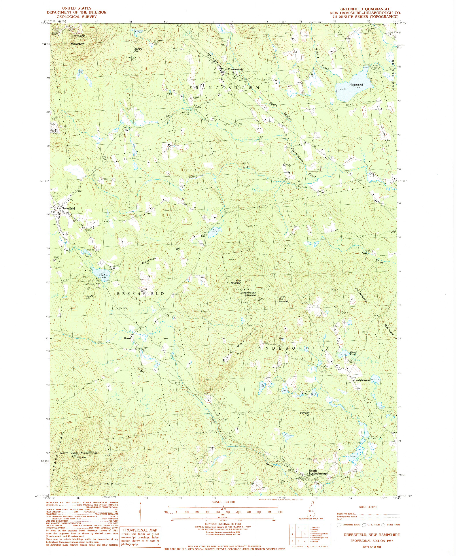 USGS 1:24000-SCALE QUADRANGLE FOR GREENFIELD, NH 1987