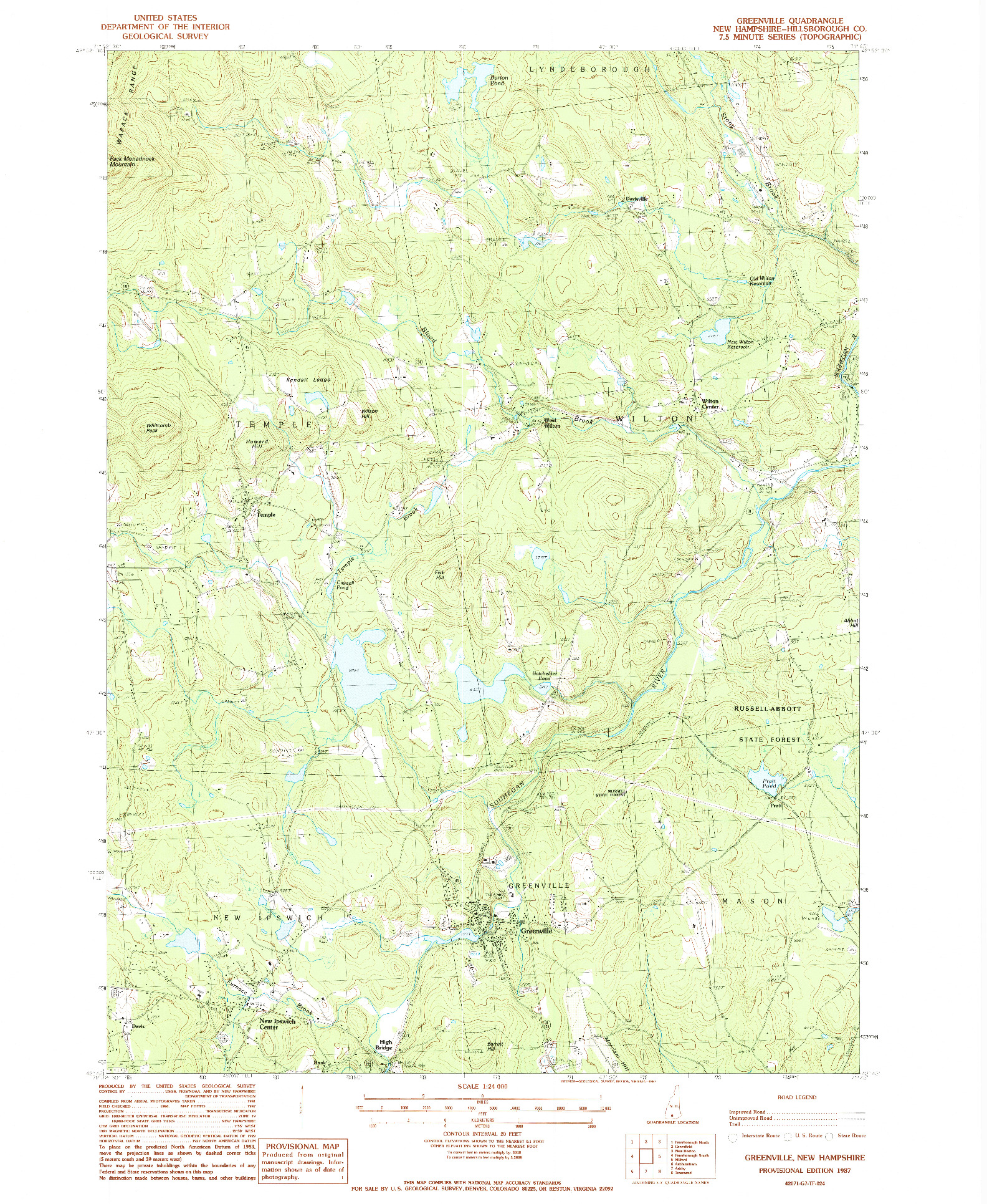 USGS 1:24000-SCALE QUADRANGLE FOR GREENVILLE, NH 1987