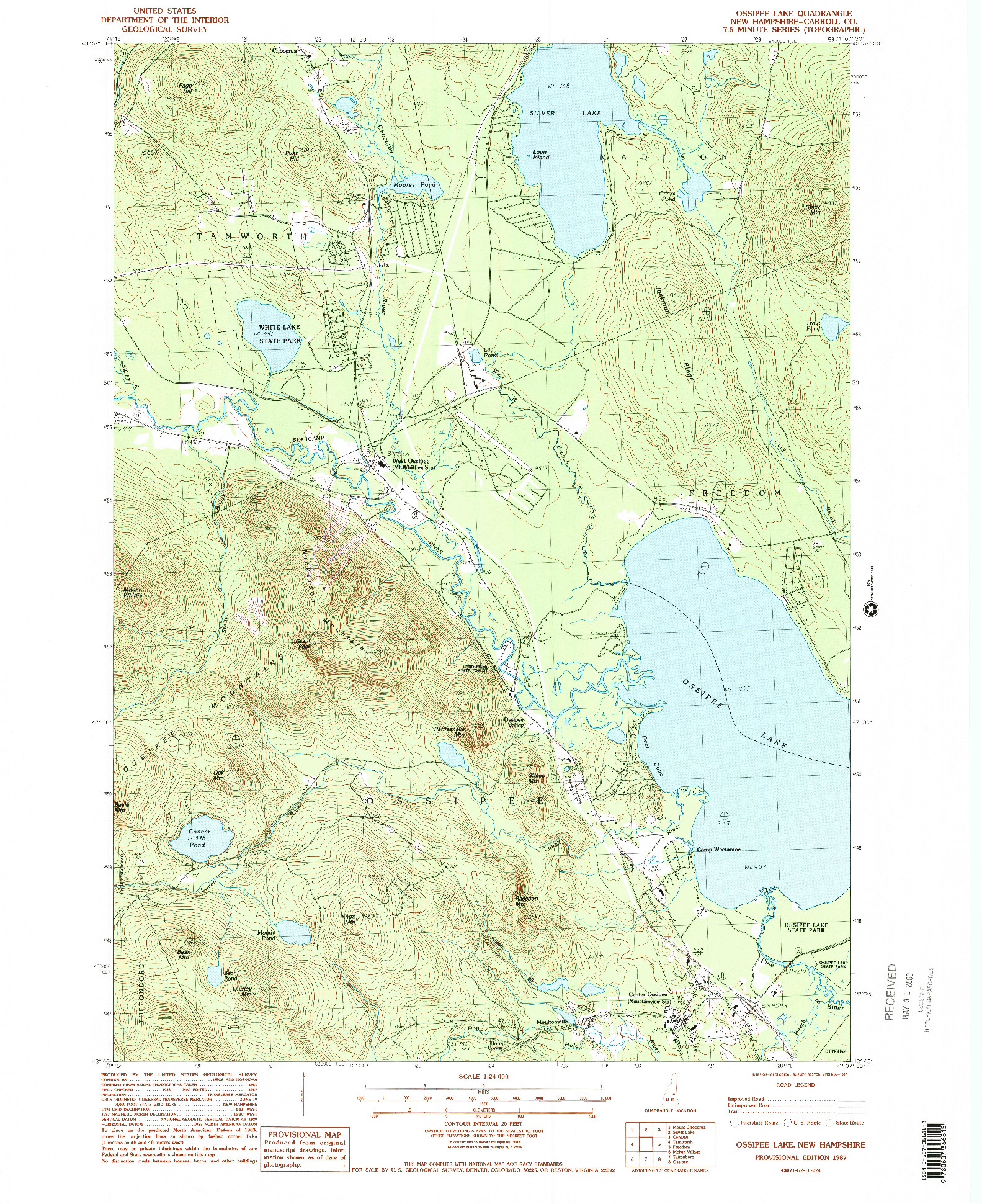 USGS 1:24000-SCALE QUADRANGLE FOR OSSIPEE LAKE, NH 1987