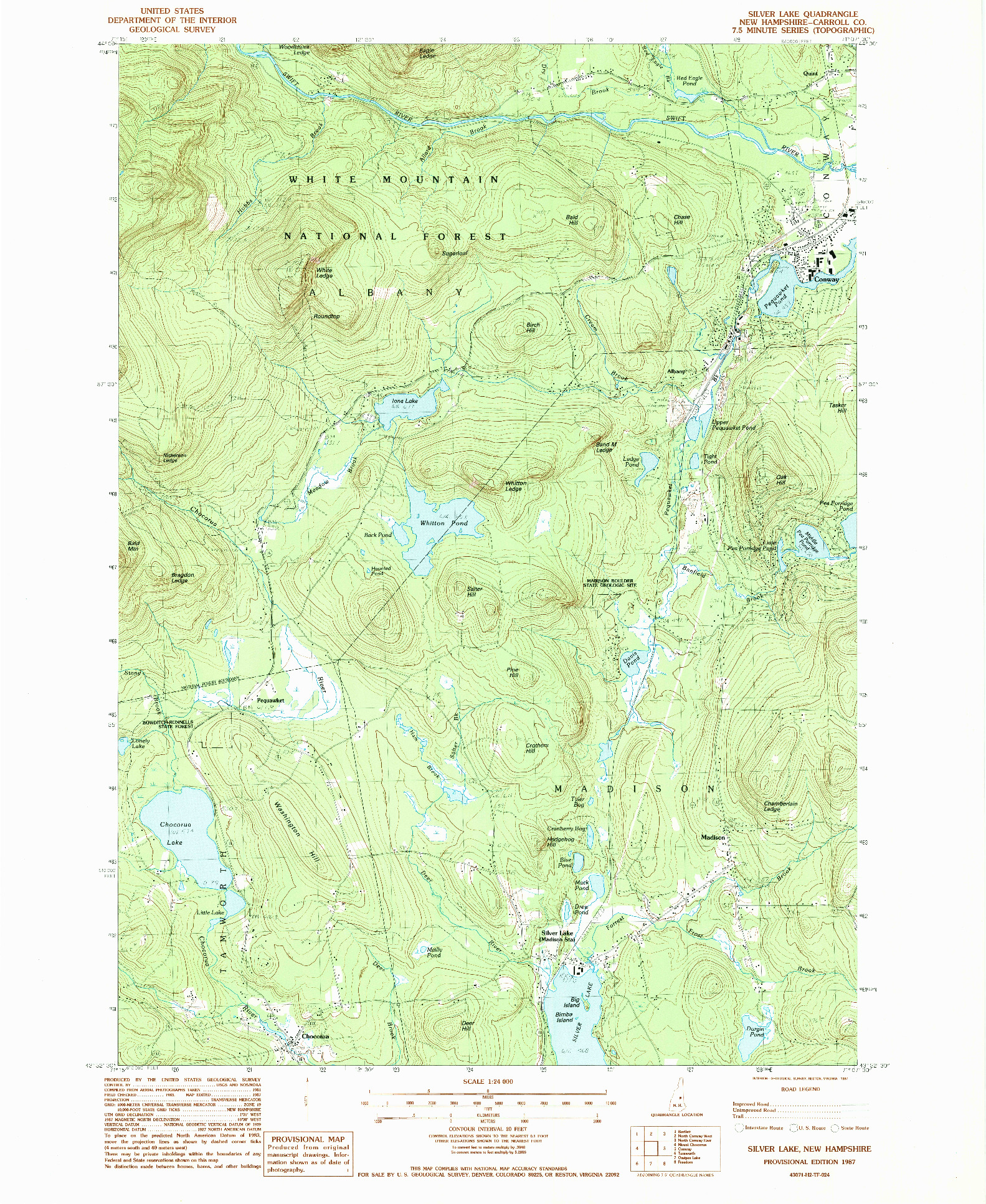 USGS 1:24000-SCALE QUADRANGLE FOR SILVER LAKE, NH 1987