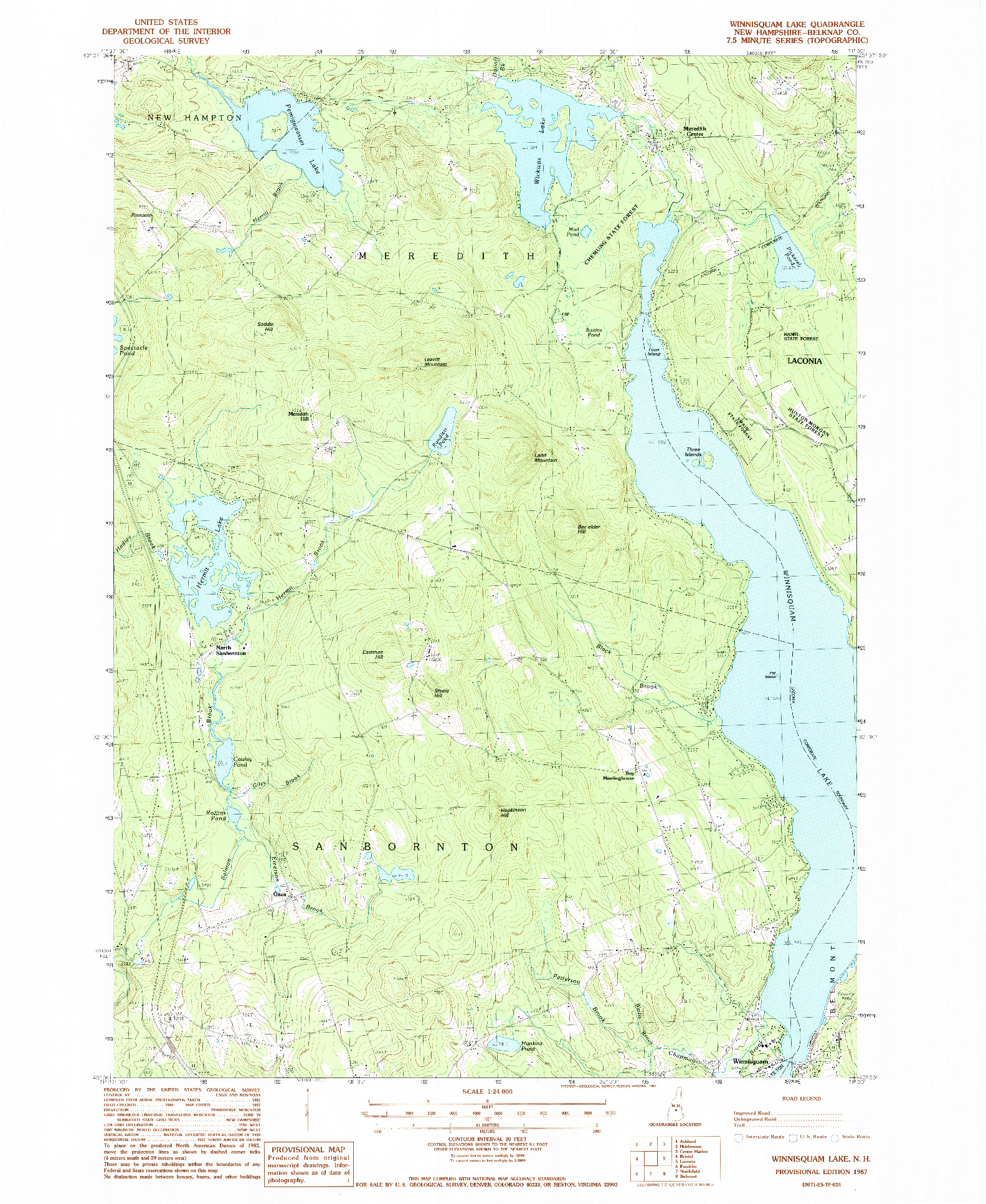 USGS 1:24000-SCALE QUADRANGLE FOR WINNISQUAM LAKE, NH 1987