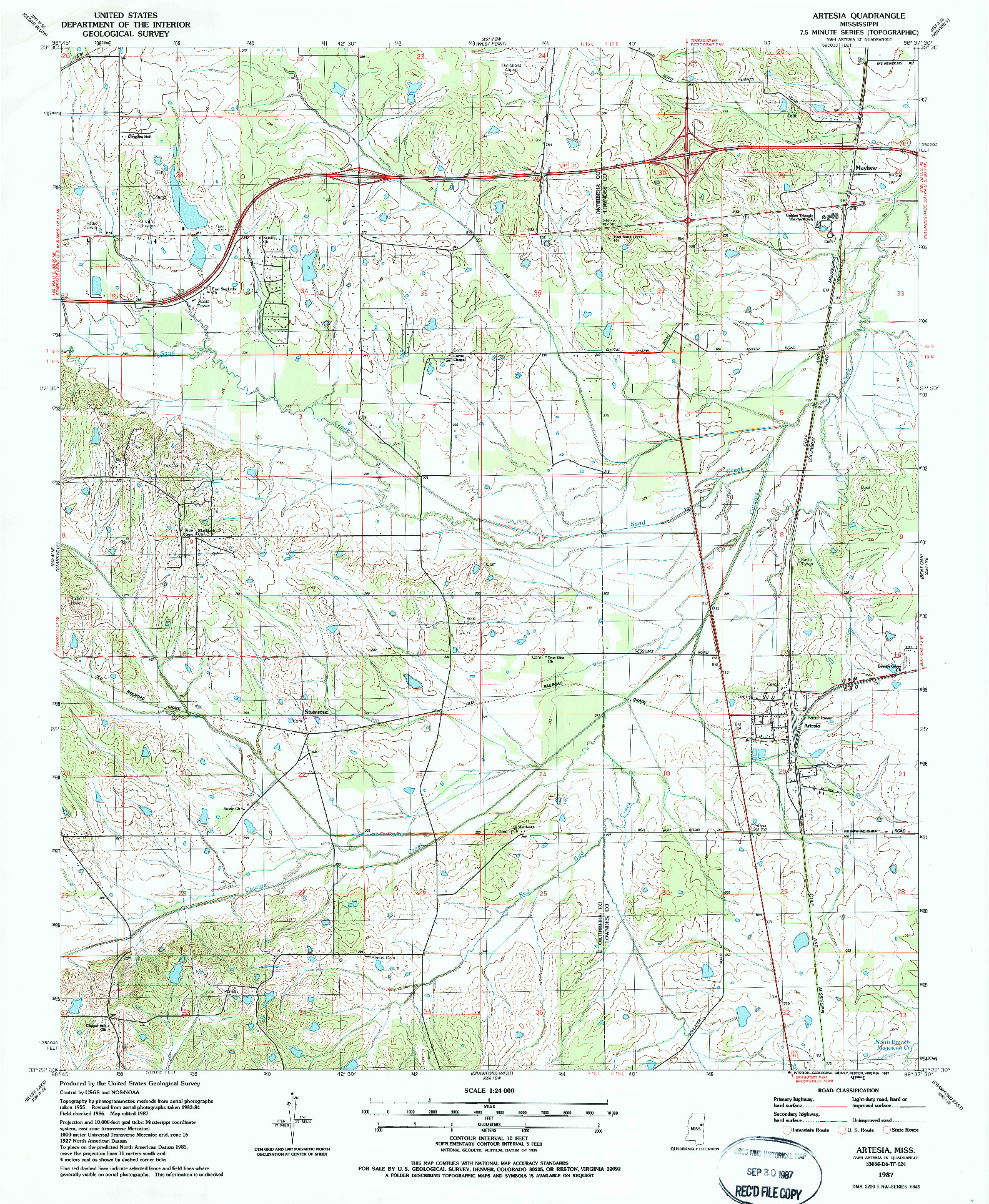 USGS 1:24000-SCALE QUADRANGLE FOR ARTESIA, MS 1987