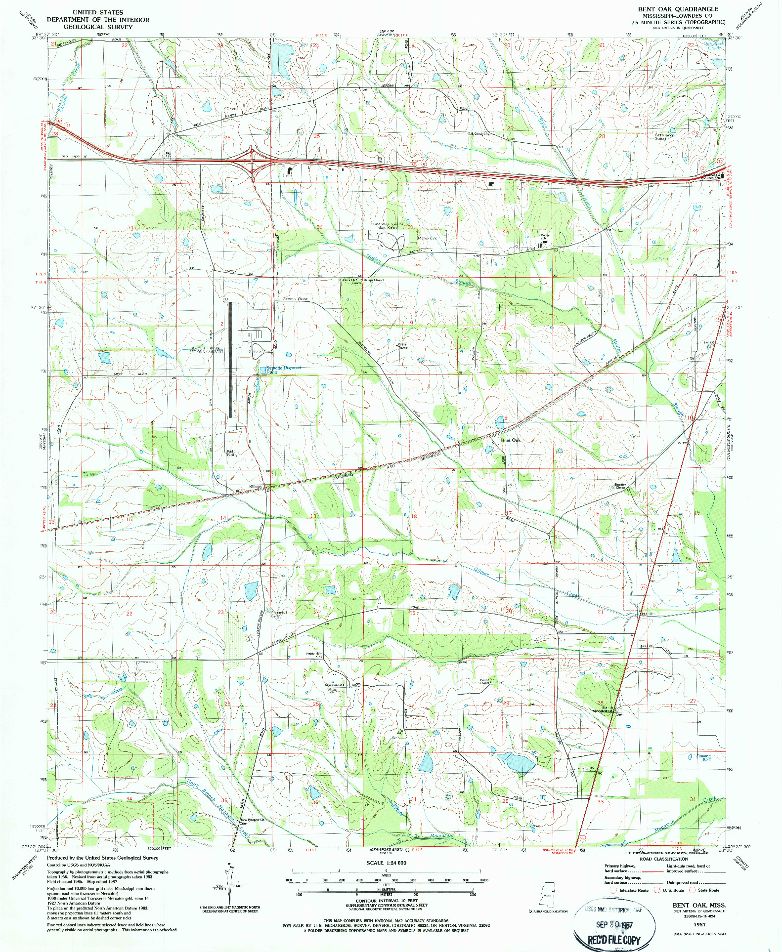 USGS 1:24000-SCALE QUADRANGLE FOR BENT OAK, MS 1987