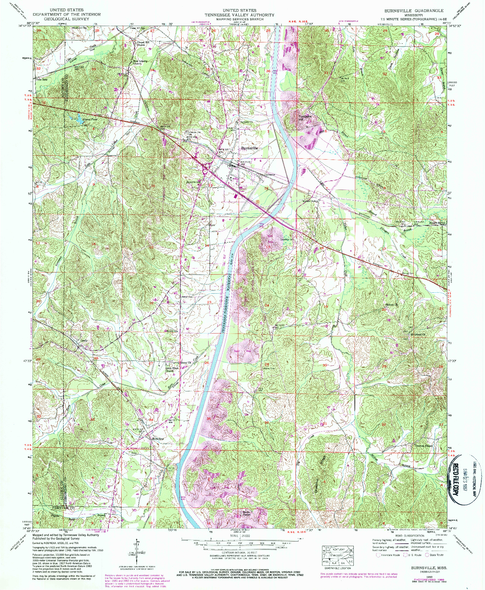 USGS 1:24000-SCALE QUADRANGLE FOR BURNSVILLE, MS 1950