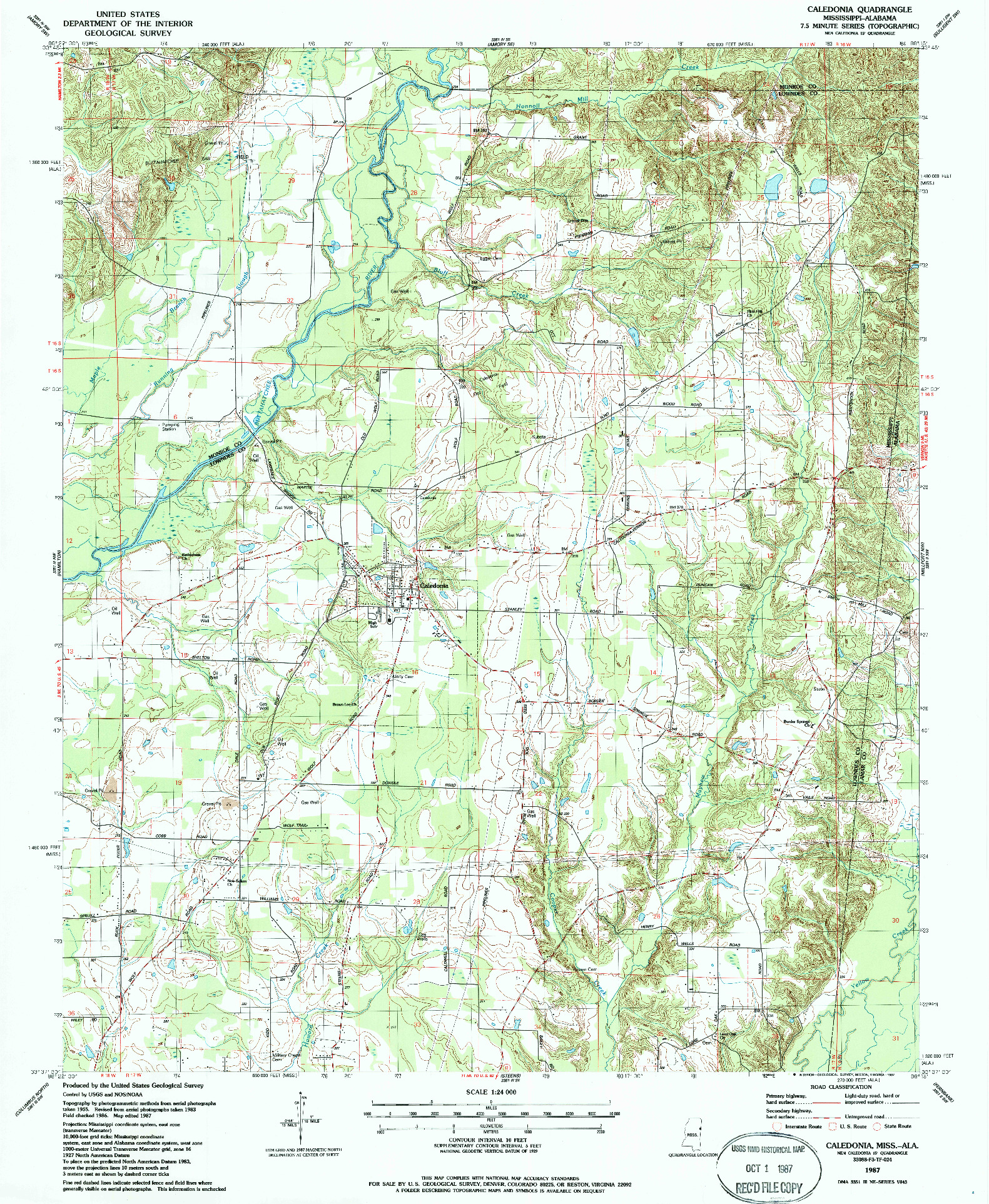 USGS 1:24000-SCALE QUADRANGLE FOR CALEDONIA, MS 1987