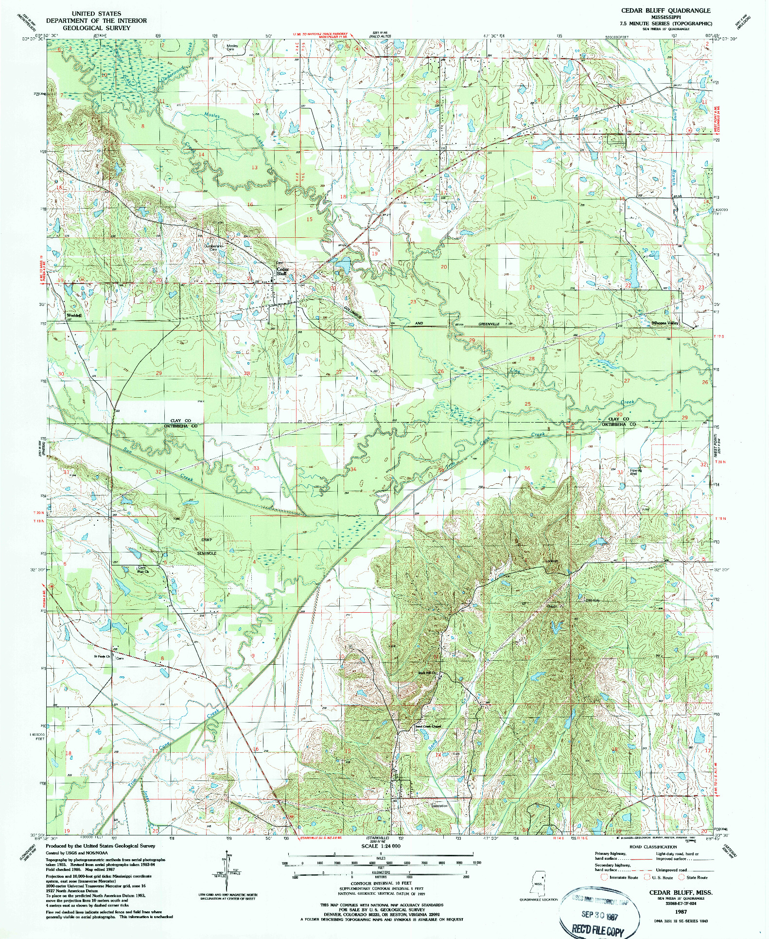 USGS 1:24000-SCALE QUADRANGLE FOR CEDAR BLUFF, MS 1987