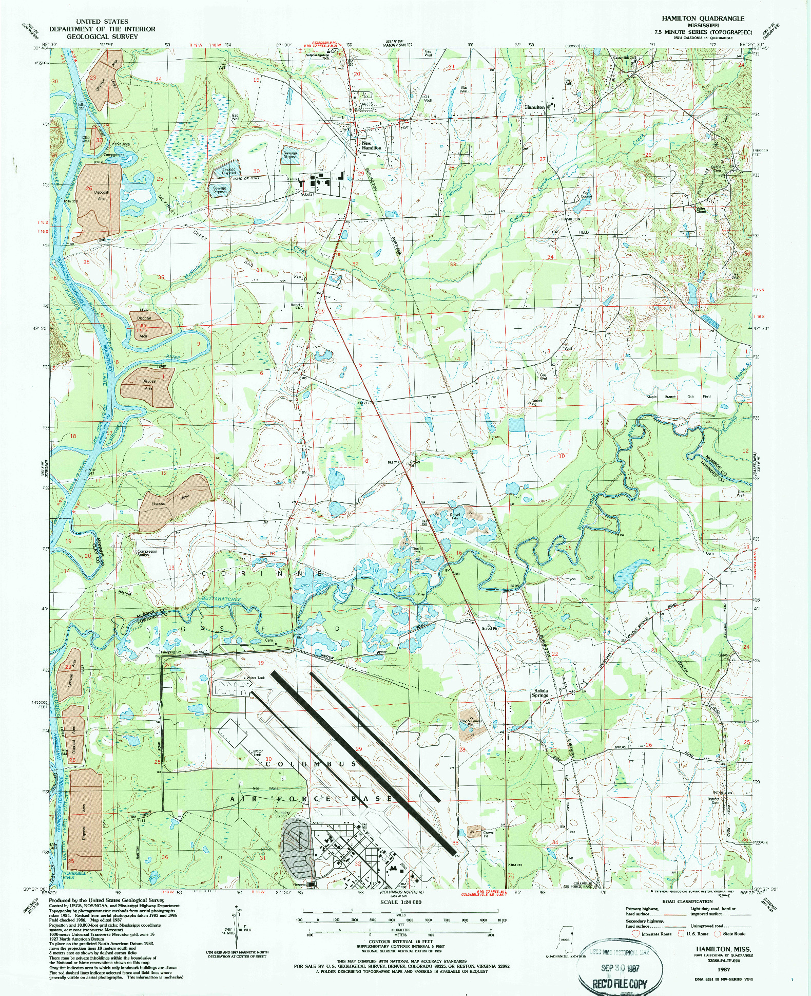 USGS 1:24000-SCALE QUADRANGLE FOR HAMILTON, MS 1987