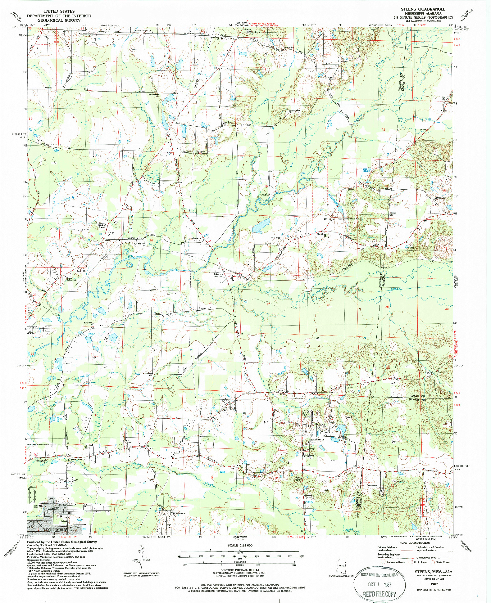 USGS 1:24000-SCALE QUADRANGLE FOR STEENS, MS 1987