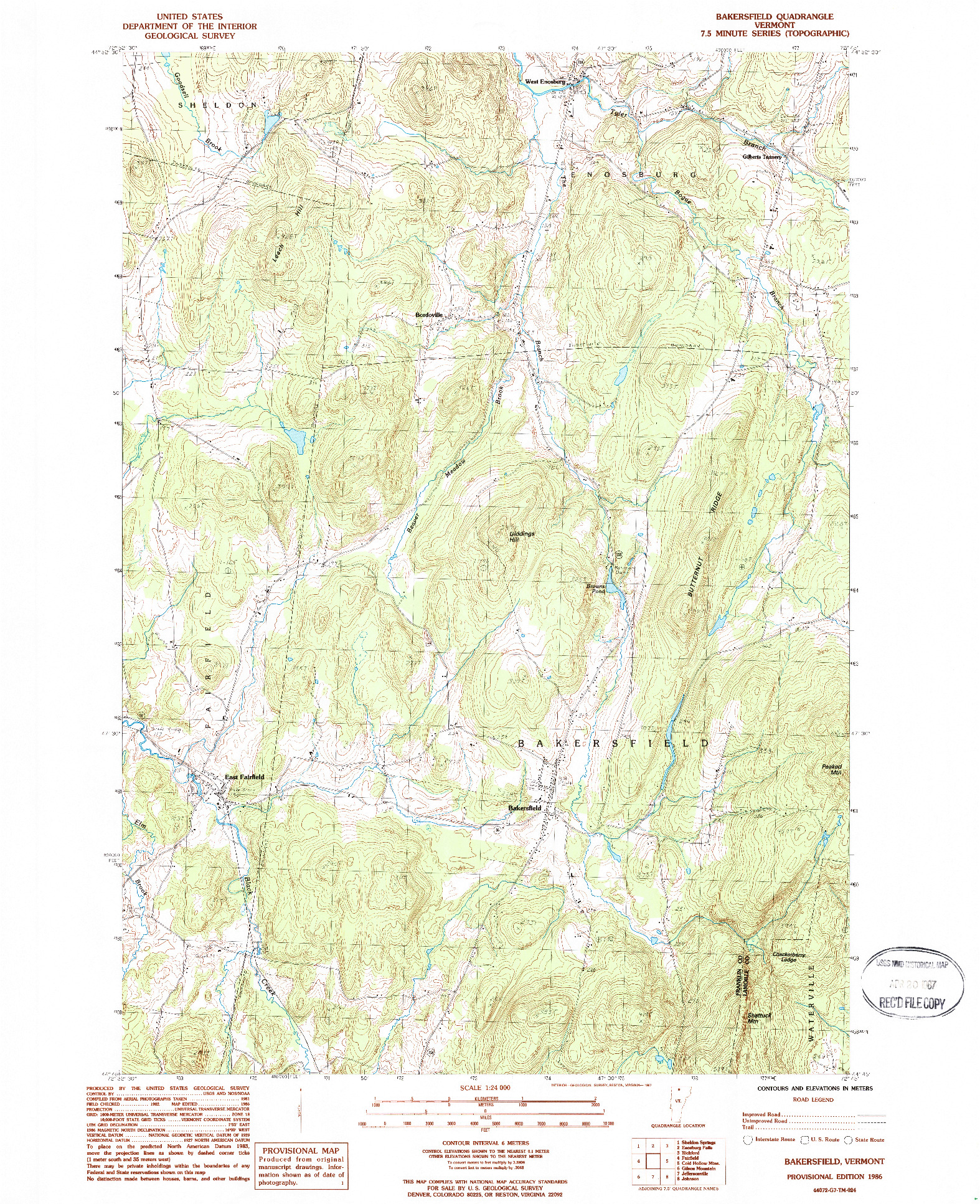 USGS 1:24000-SCALE QUADRANGLE FOR BAKERSFIELD, VT 1986