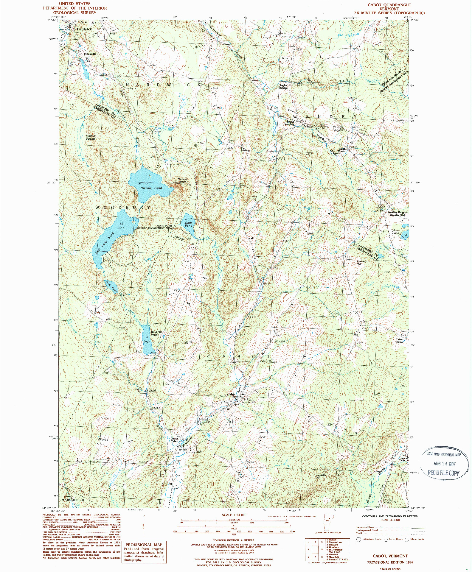 USGS 1:24000-SCALE QUADRANGLE FOR CABOT, VT 1986