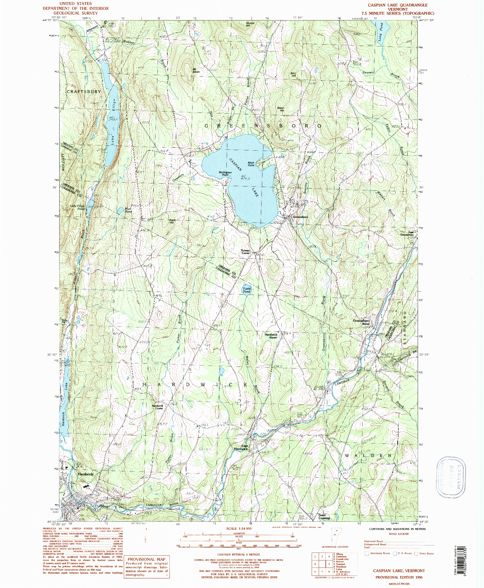 USGS 1:24000-SCALE QUADRANGLE FOR CASPIAN LAKE, VT 1986