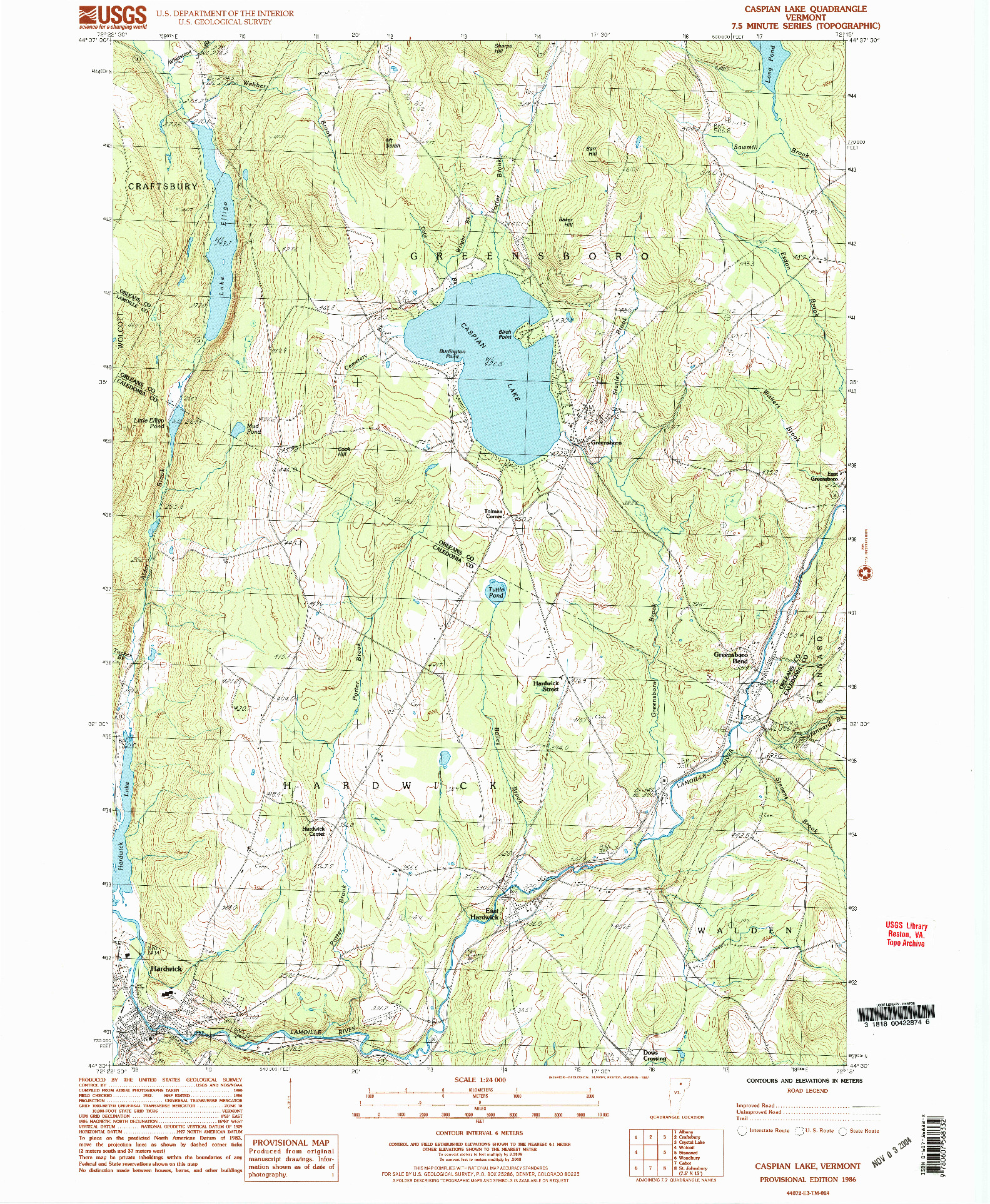 USGS 1:24000-SCALE QUADRANGLE FOR CASPIAN LAKE, VT 1986