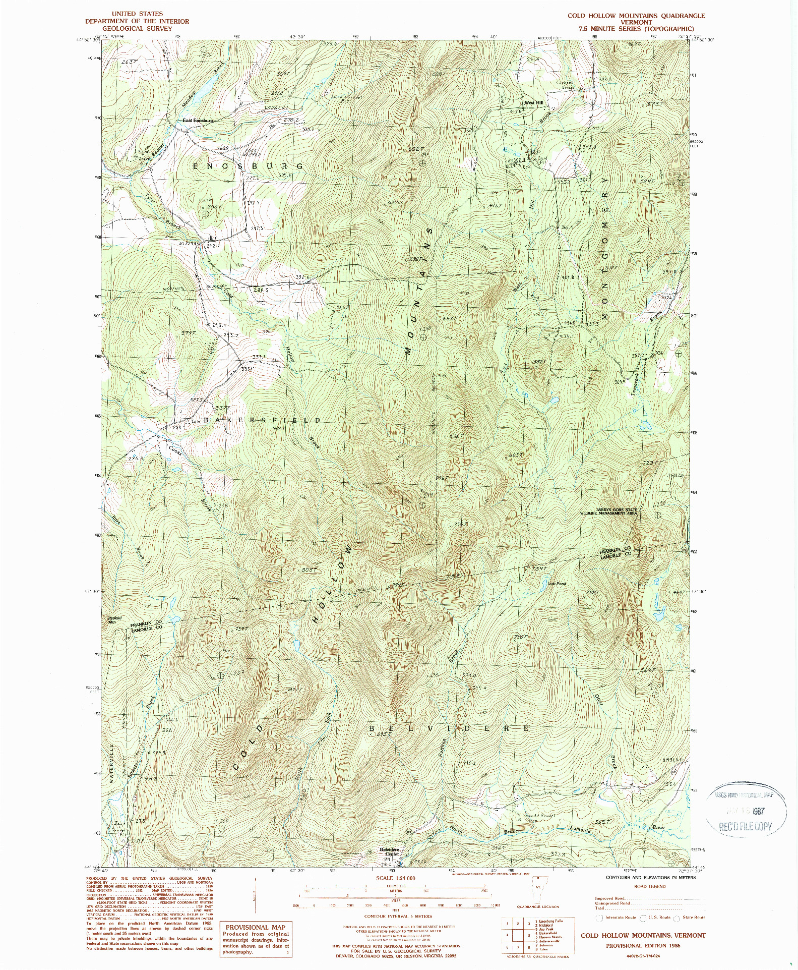 USGS 1:24000-SCALE QUADRANGLE FOR COLD HOLLOW MOUNTAINS, VT 1986