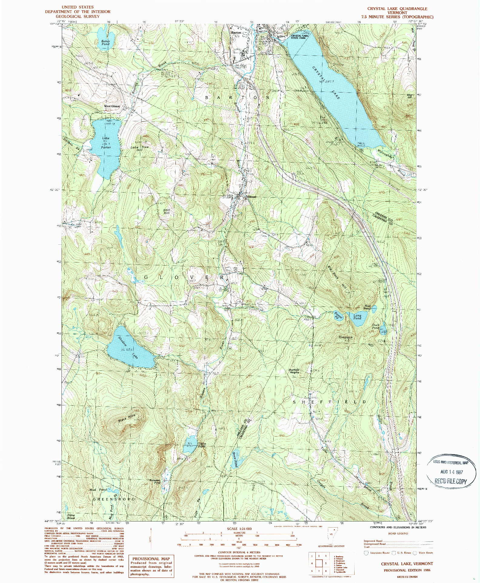USGS 1:24000-SCALE QUADRANGLE FOR CRYSTAL LAKE, VT 1986