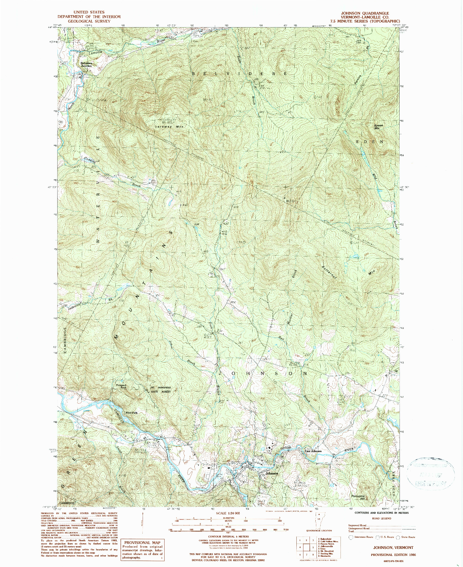 USGS 1:24000-SCALE QUADRANGLE FOR JOHNSON, VT 1986