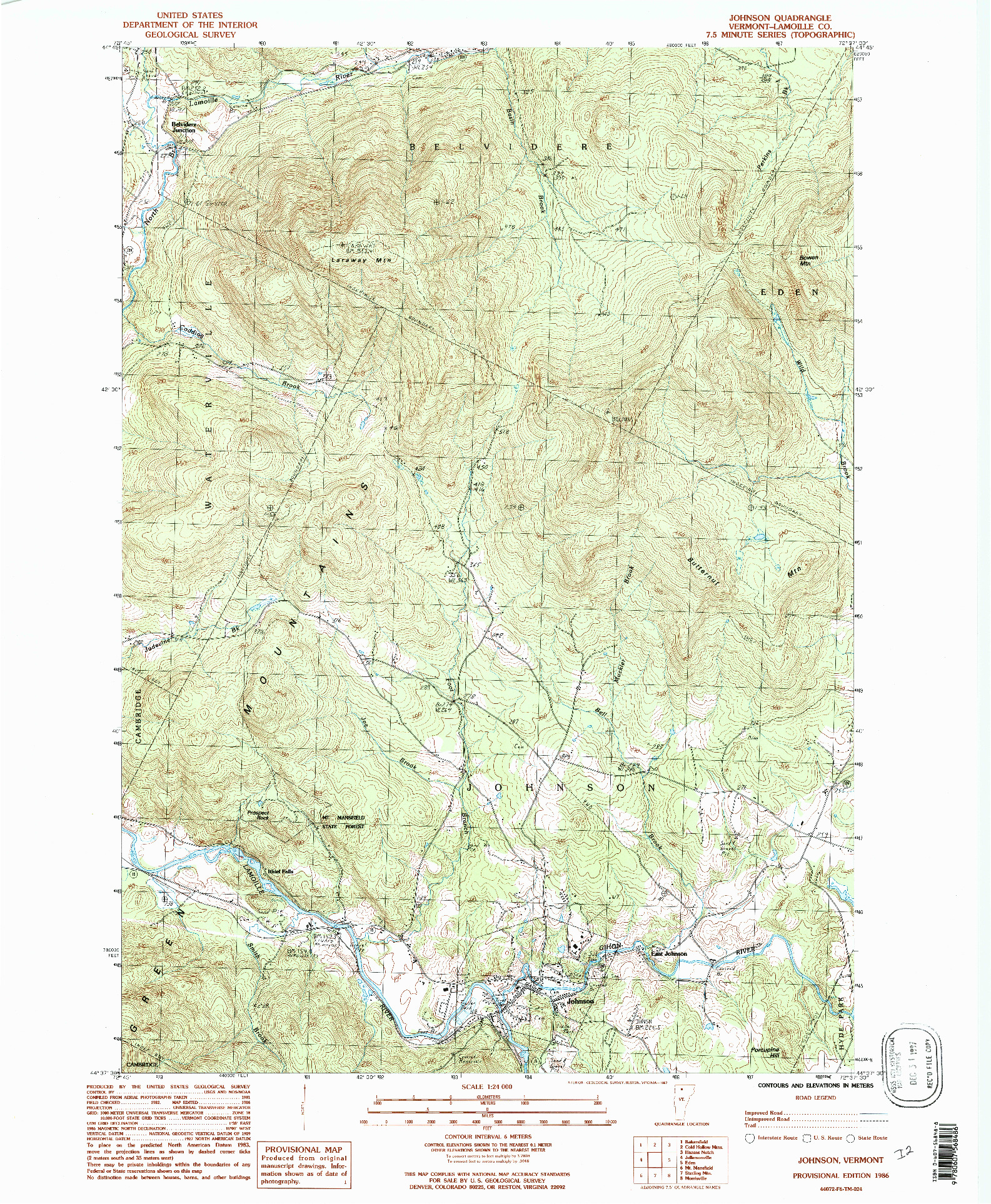 USGS 1:24000-SCALE QUADRANGLE FOR JOHNSON, VT 1986