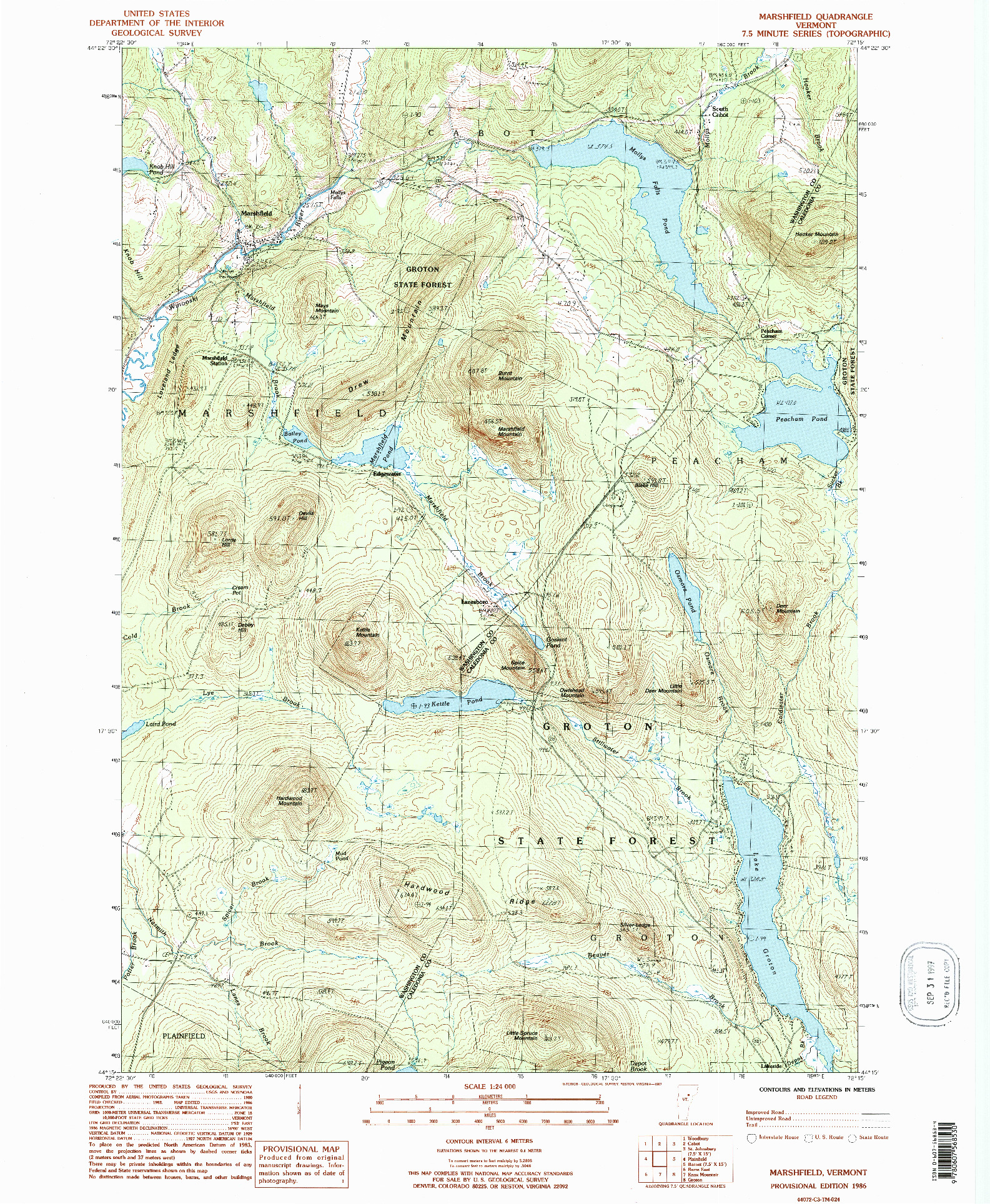 USGS 1:24000-SCALE QUADRANGLE FOR MARSHFIELD, VT 1986