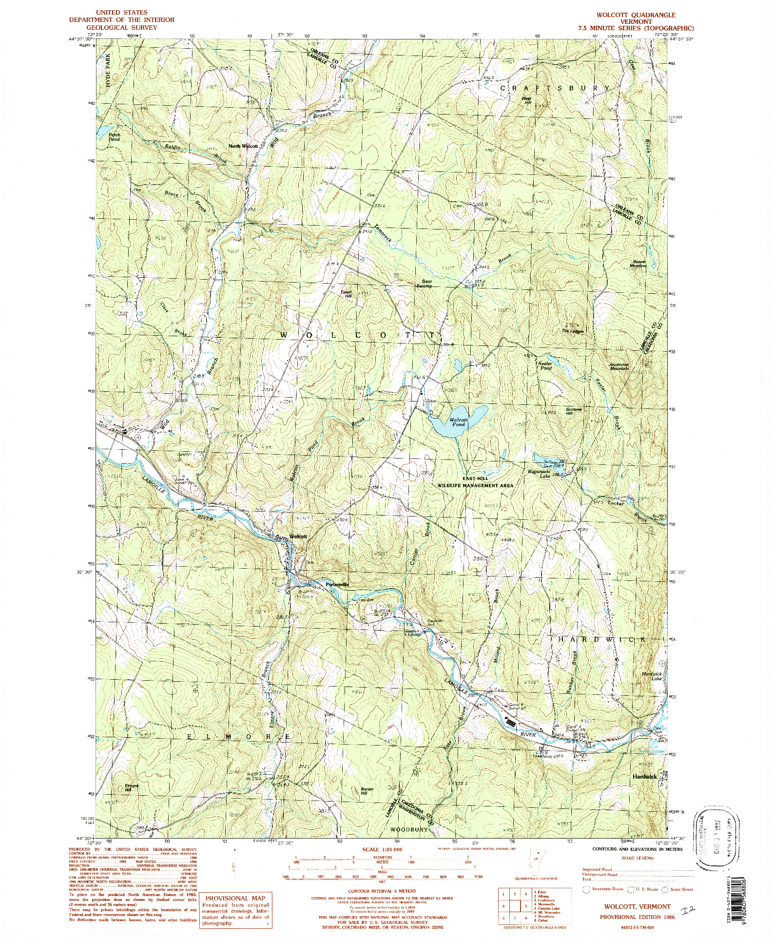 USGS 1:24000-SCALE QUADRANGLE FOR WOLCOTT, VT 1986