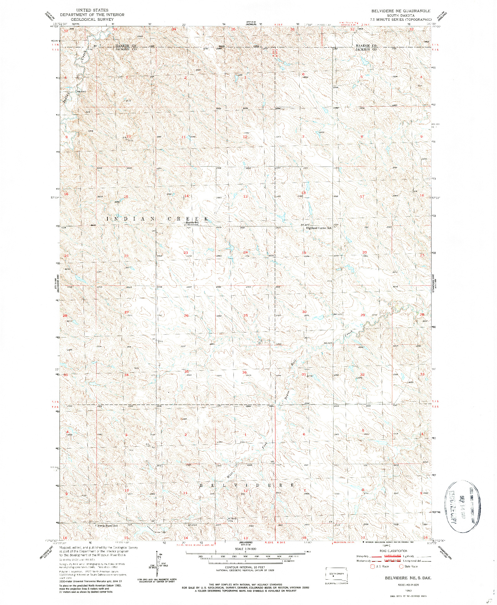 USGS 1:24000-SCALE QUADRANGLE FOR BELVIDERE NE, SD 1953