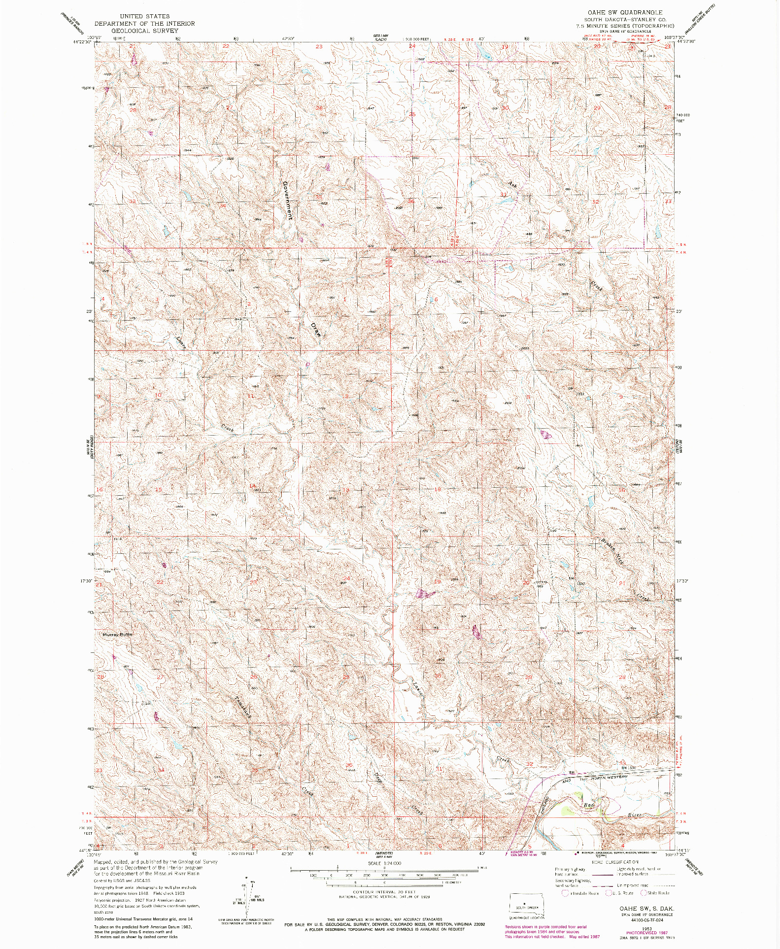 USGS 1:24000-SCALE QUADRANGLE FOR OAHE SW, SD 1953