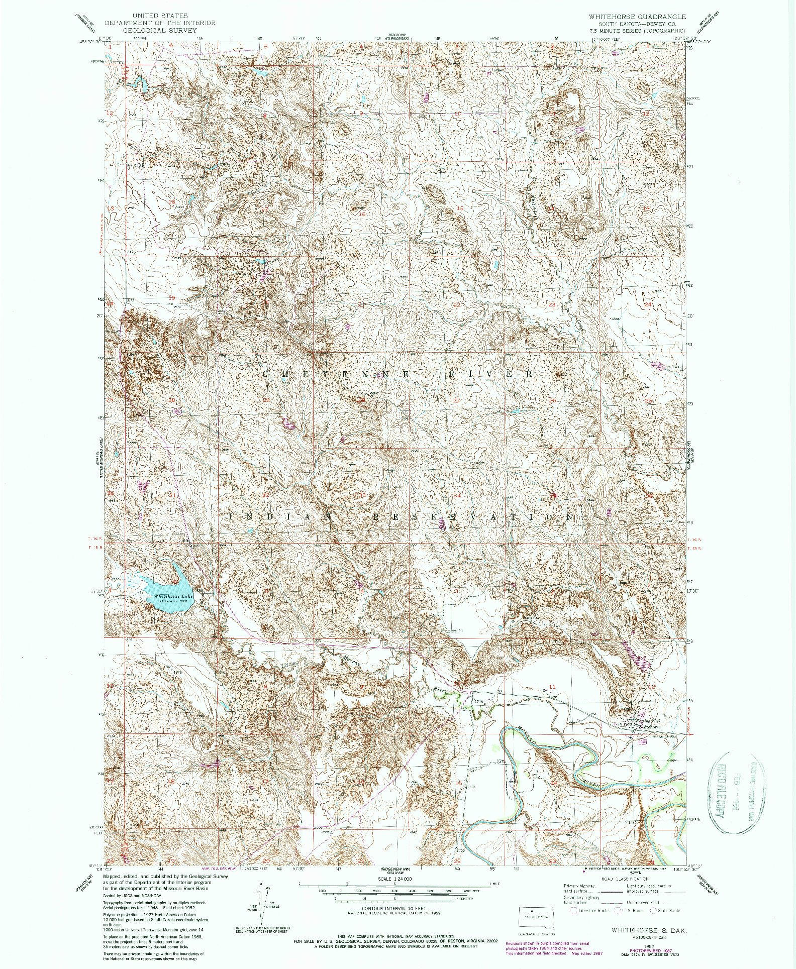 USGS 1:24000-SCALE QUADRANGLE FOR WHITEHORSE, SD 1952