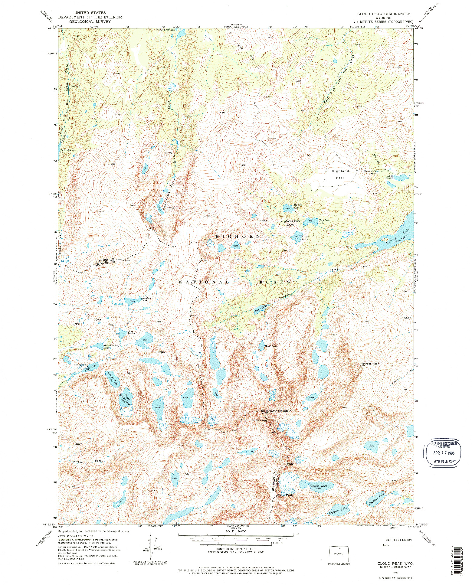 USGS 1:24000-SCALE QUADRANGLE FOR CLOUD PEAK, WY 1967