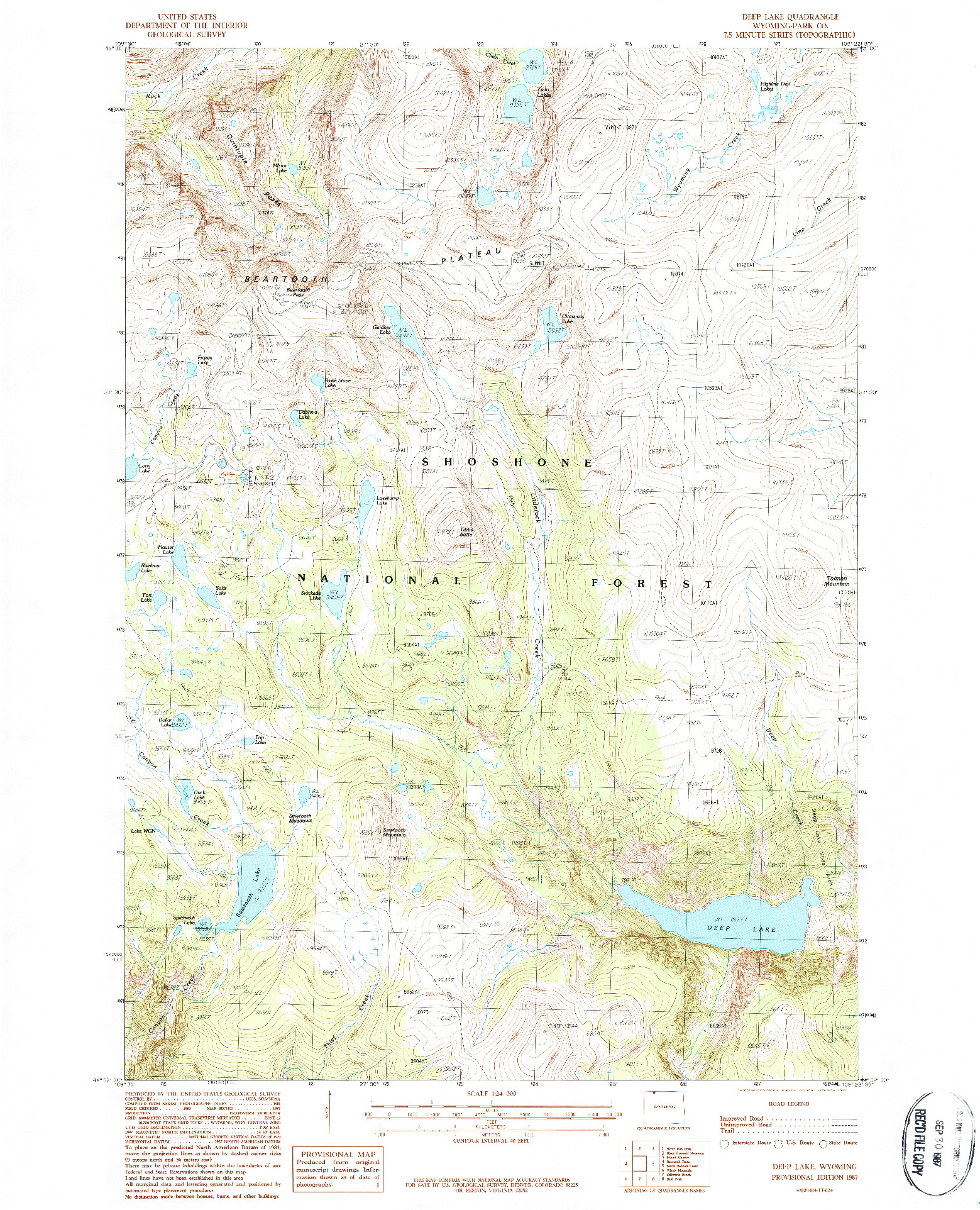 USGS 1:24000-SCALE QUADRANGLE FOR DEEP LAKE, WY 1987