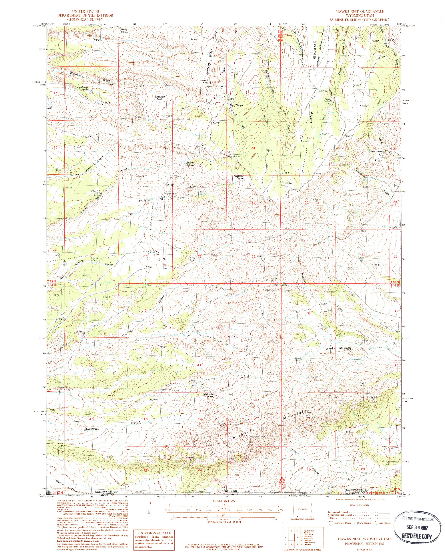 USGS 1:24000-SCALE QUADRANGLE FOR HAWKS NEST, WY 1987