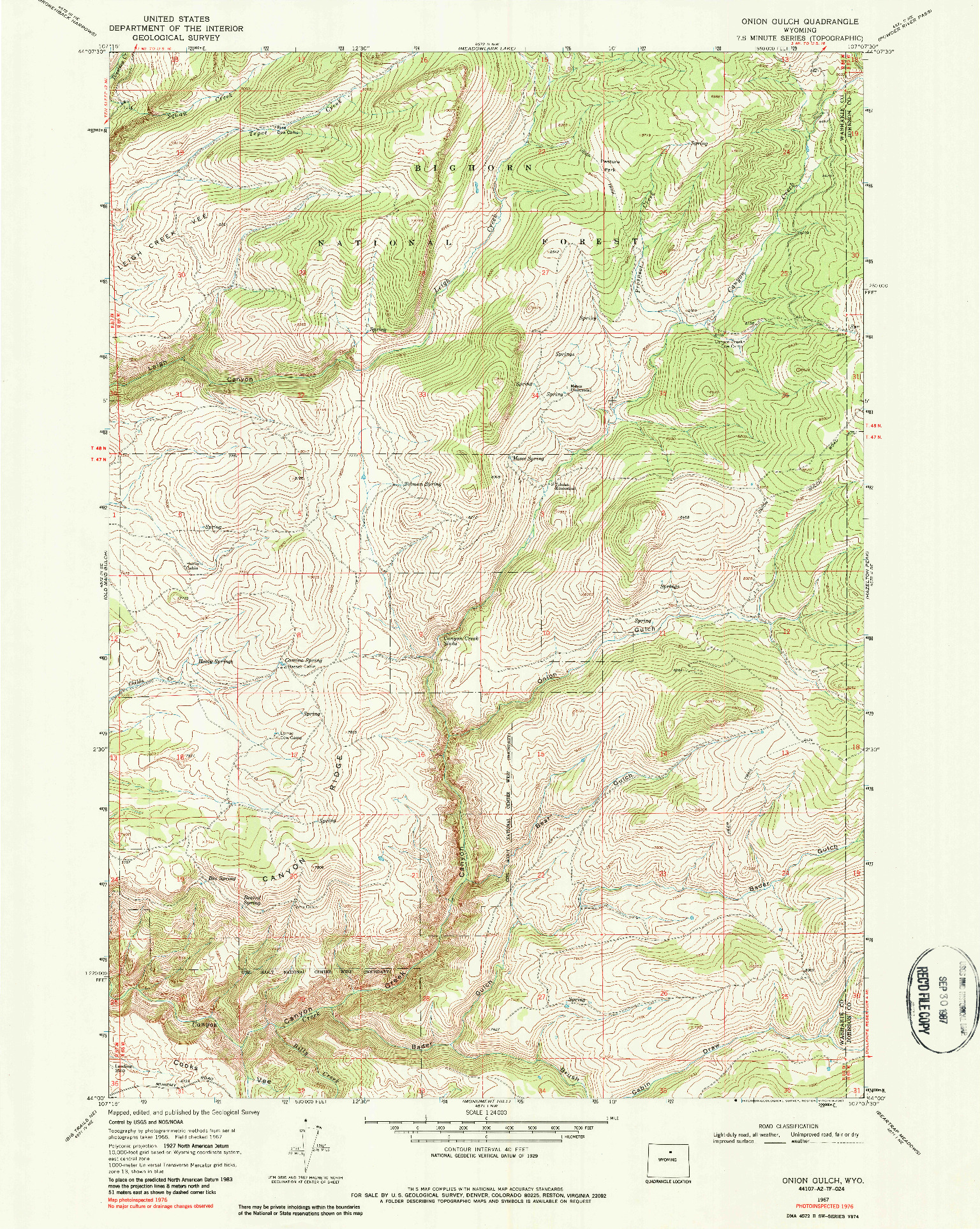 USGS 1:24000-SCALE QUADRANGLE FOR ONION GULCH, WY 1967