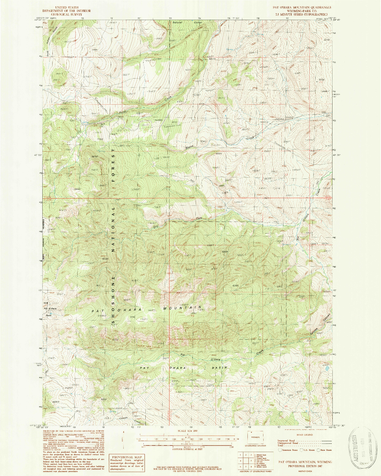 USGS 1:24000-SCALE QUADRANGLE FOR PAT O' HARA MOUNTAIN, WY 1987