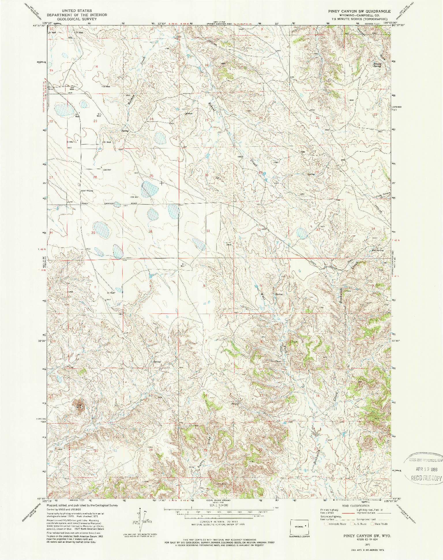 USGS 1:24000-SCALE QUADRANGLE FOR PINEY CANYON SW, WY 1971