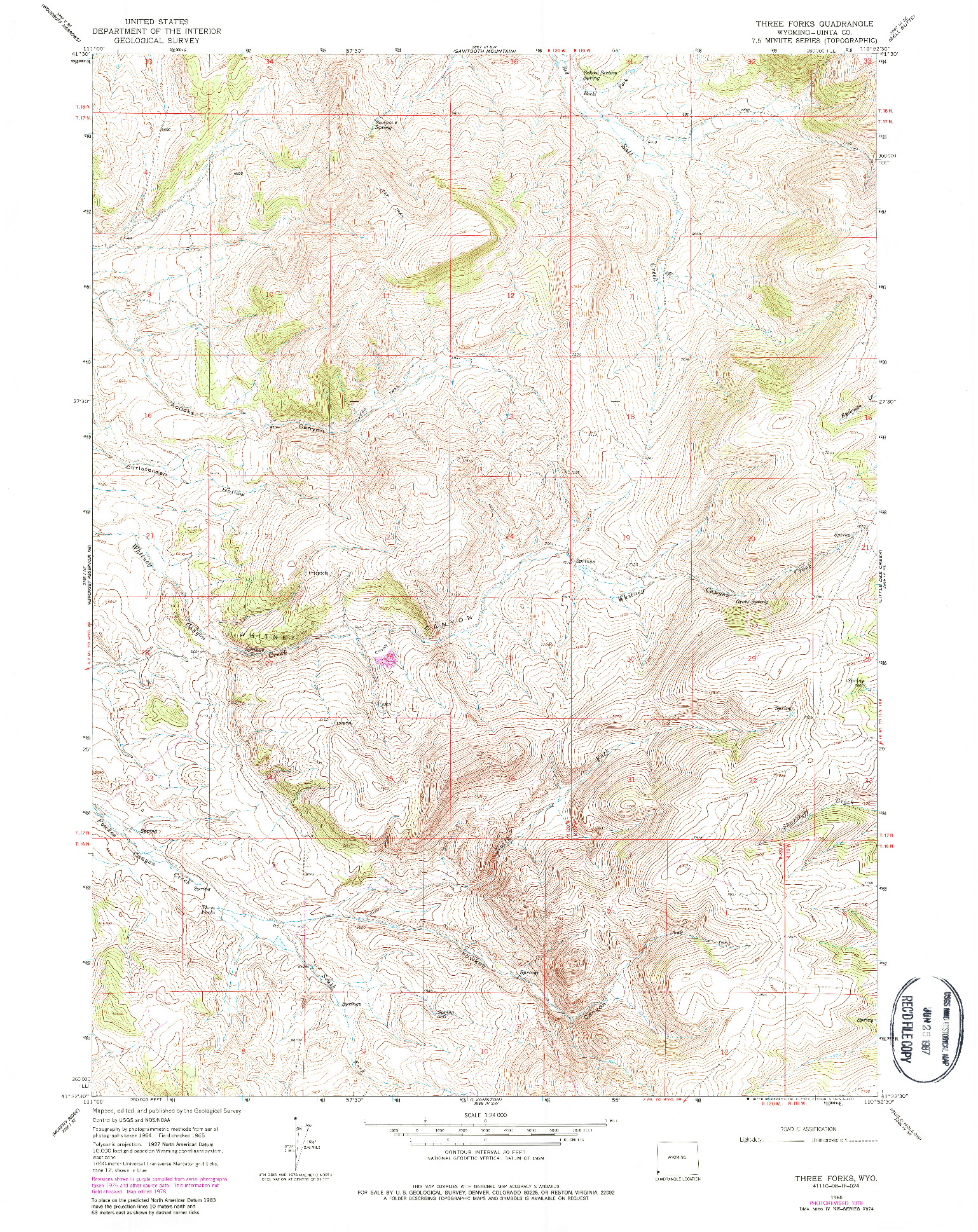 USGS 1:24000-SCALE QUADRANGLE FOR THREE FORKS, WY 1965