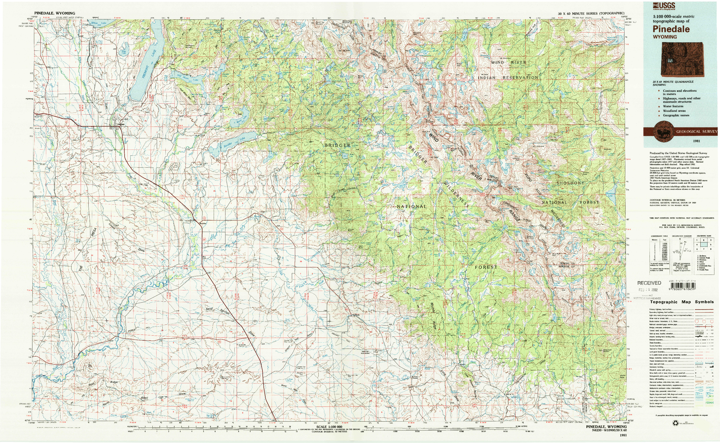 USGS 1:100000-SCALE QUADRANGLE FOR PINEDALE, WY 1981