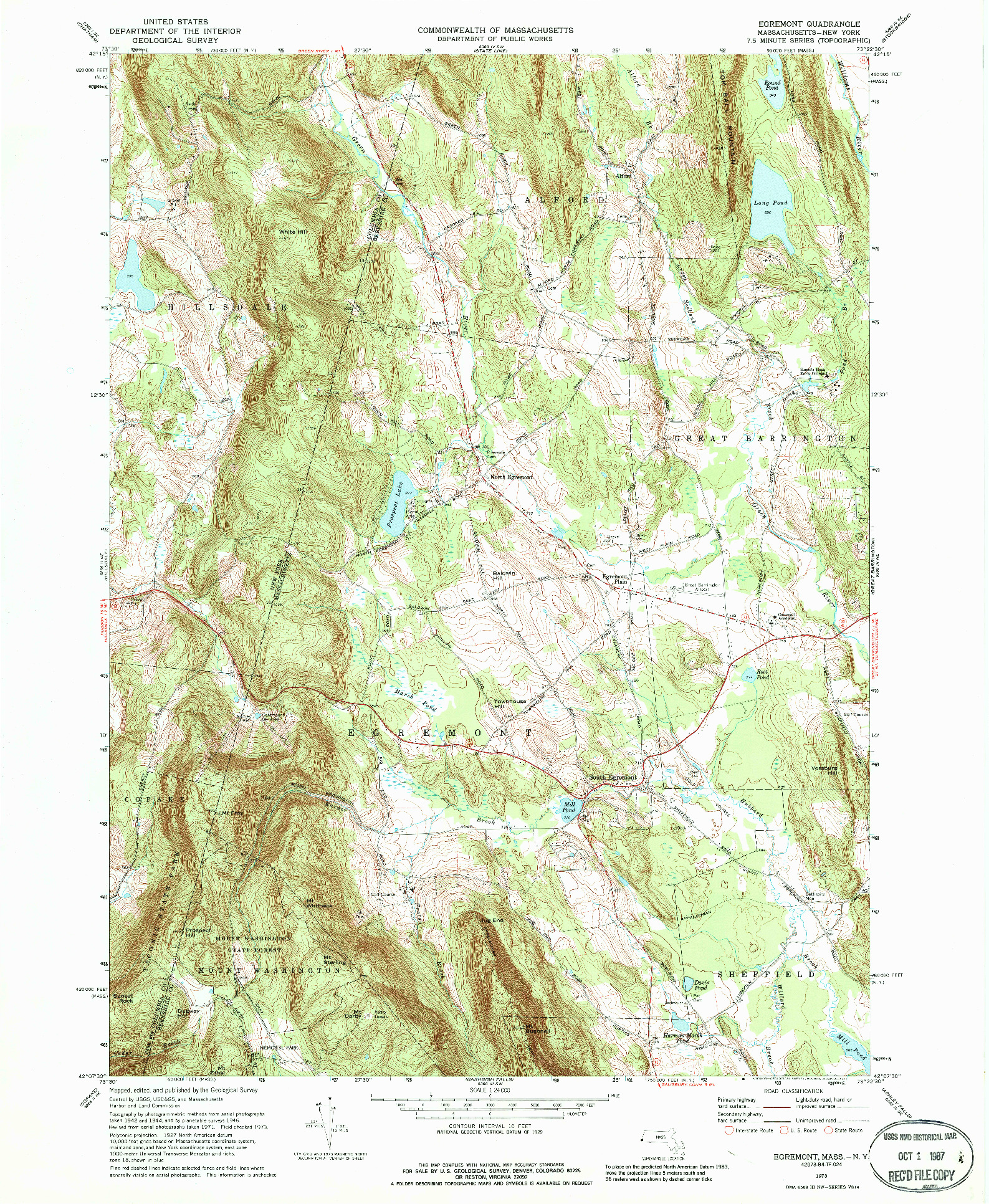 USGS 1:24000-SCALE QUADRANGLE FOR EGREMONT, MA 1973