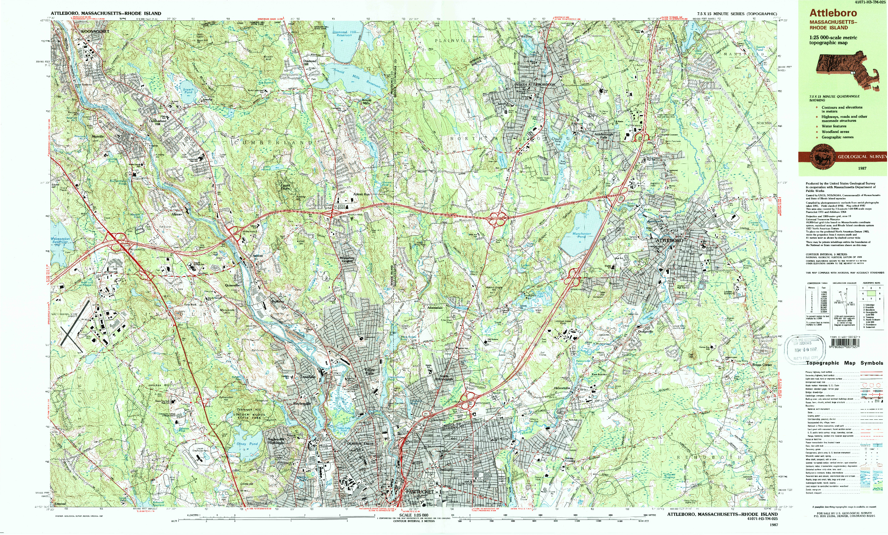 USGS 1:25000-SCALE QUADRANGLE FOR ATTLEBORO, MA 1987