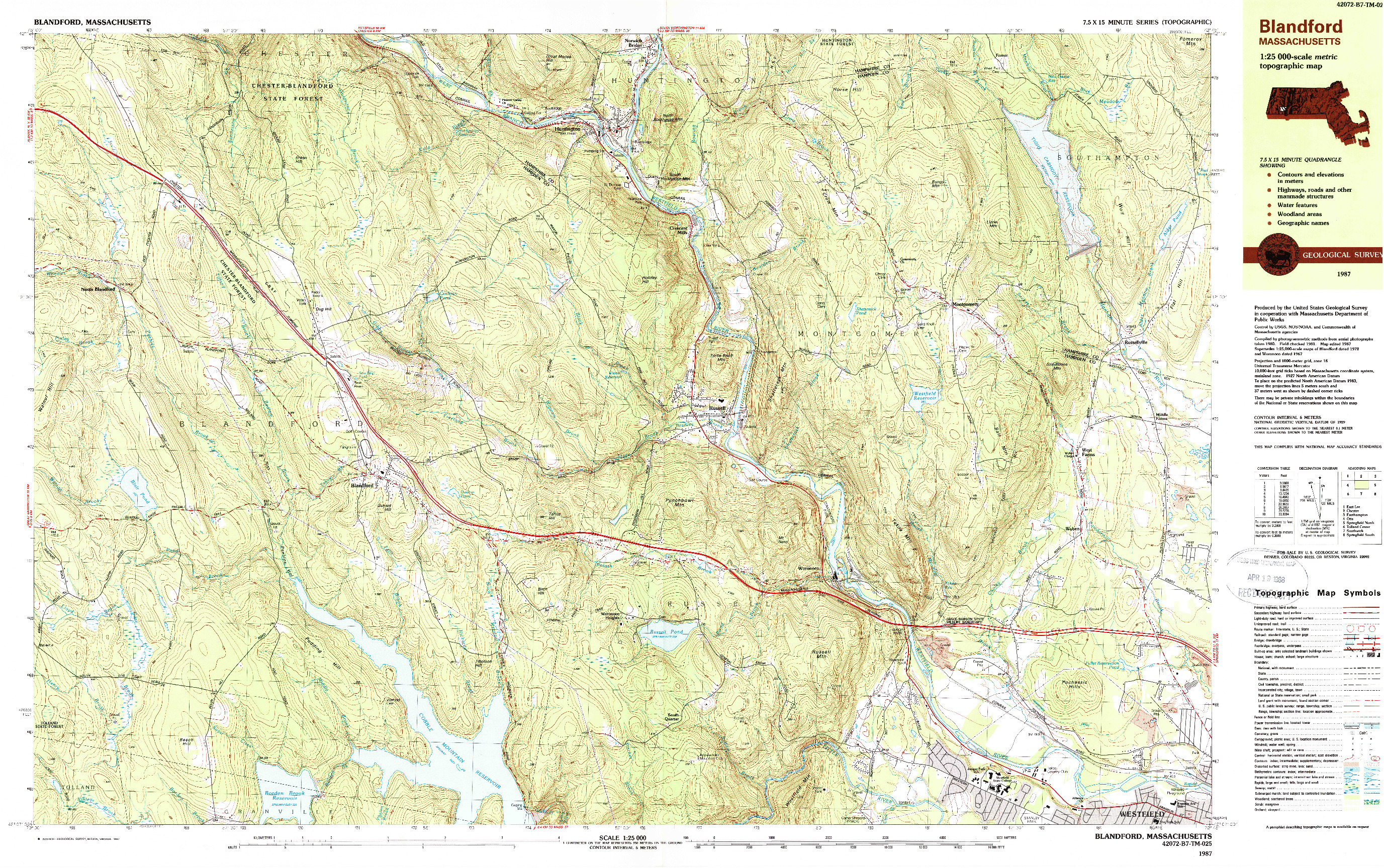 USGS 1:25000-SCALE QUADRANGLE FOR BLANDFORD, MA 1987