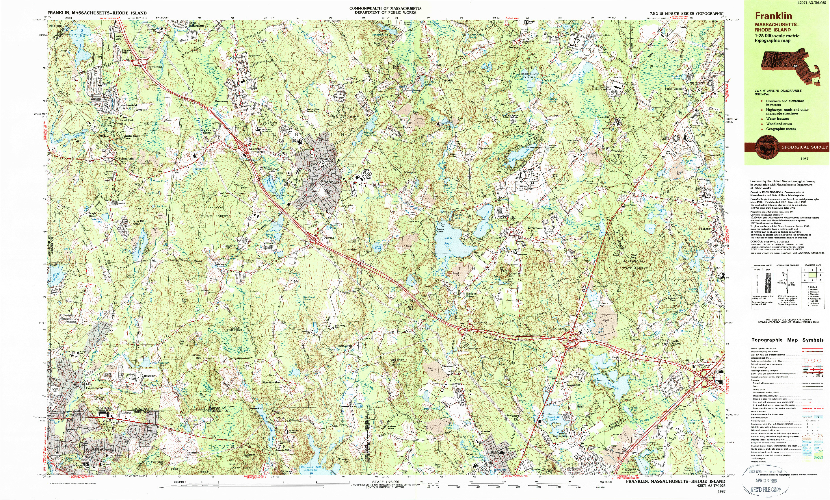 USGS 1:25000-SCALE QUADRANGLE FOR FRANKLIN, MA 1987