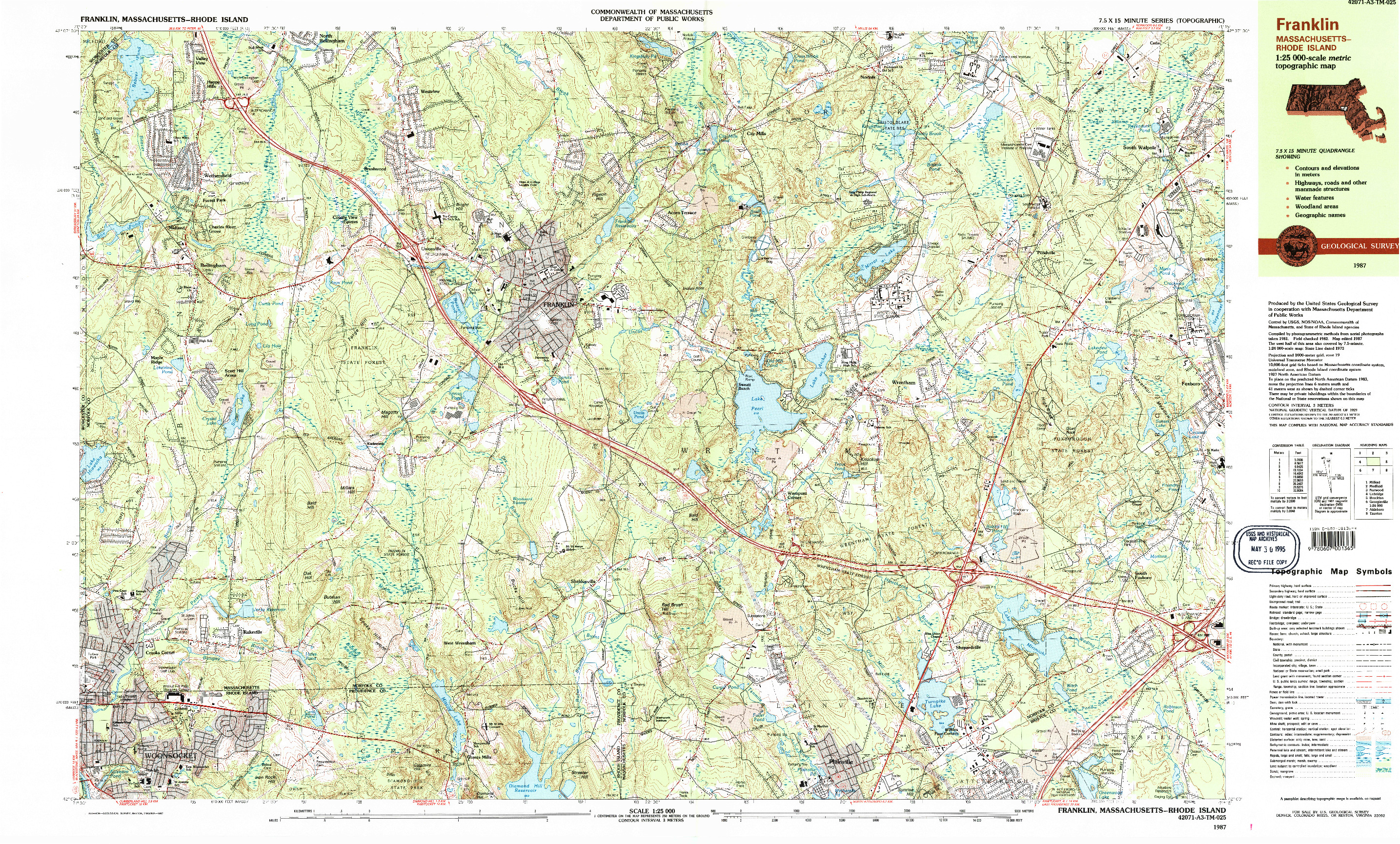 USGS 1:25000-SCALE QUADRANGLE FOR FRANKLIN, MA 1987