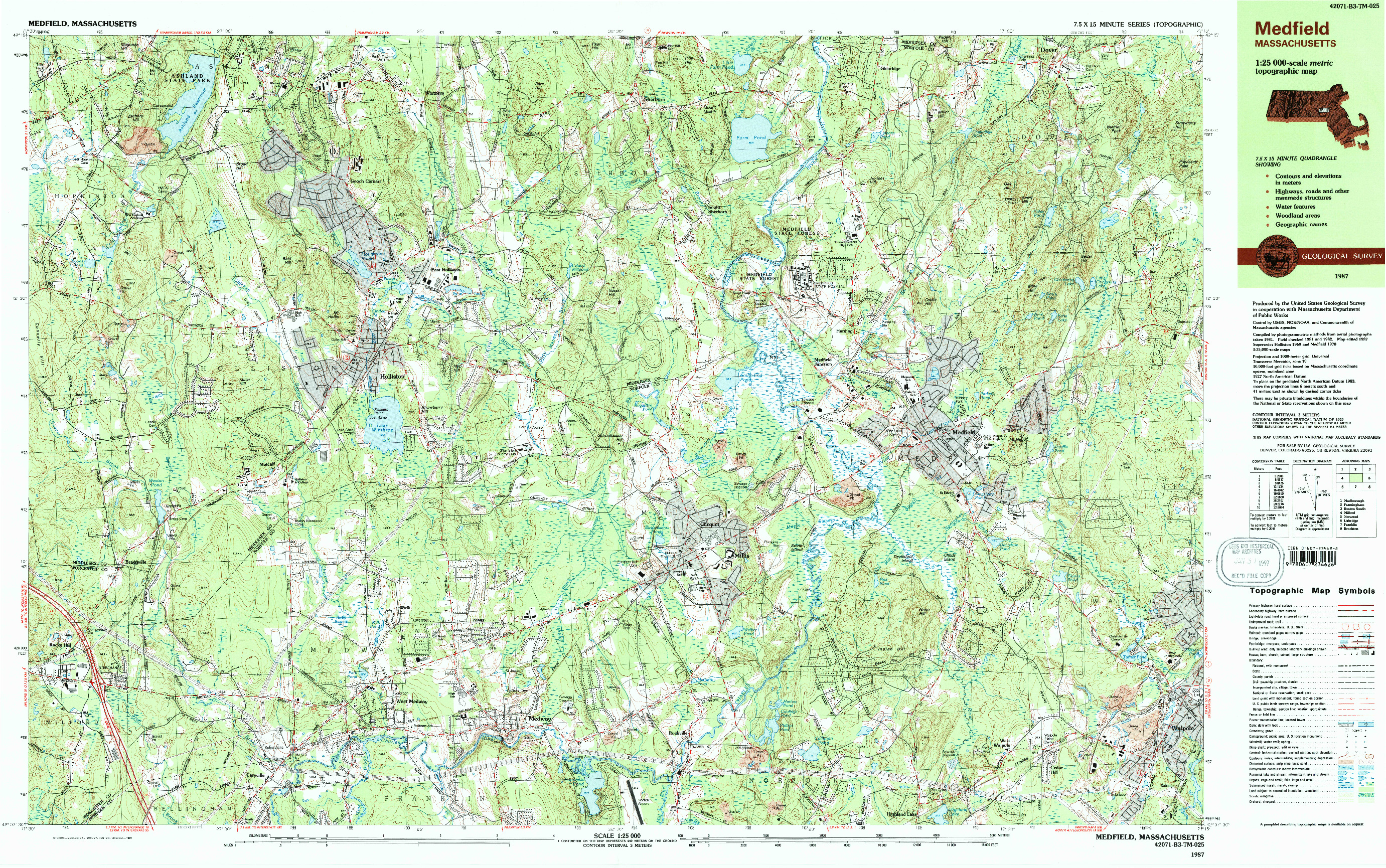 USGS 1:25000-SCALE QUADRANGLE FOR MEDFIELD, MA 1987