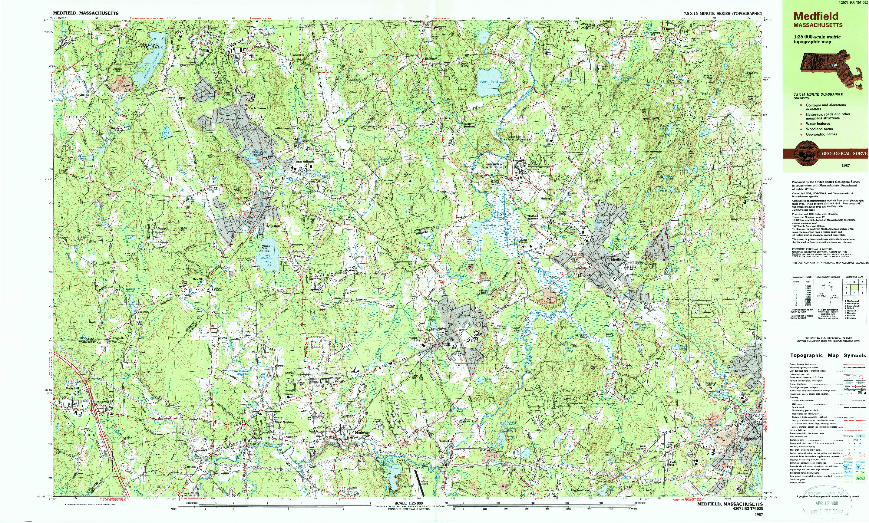 USGS 1:25000-SCALE QUADRANGLE FOR MEDFIELD, MA 1987