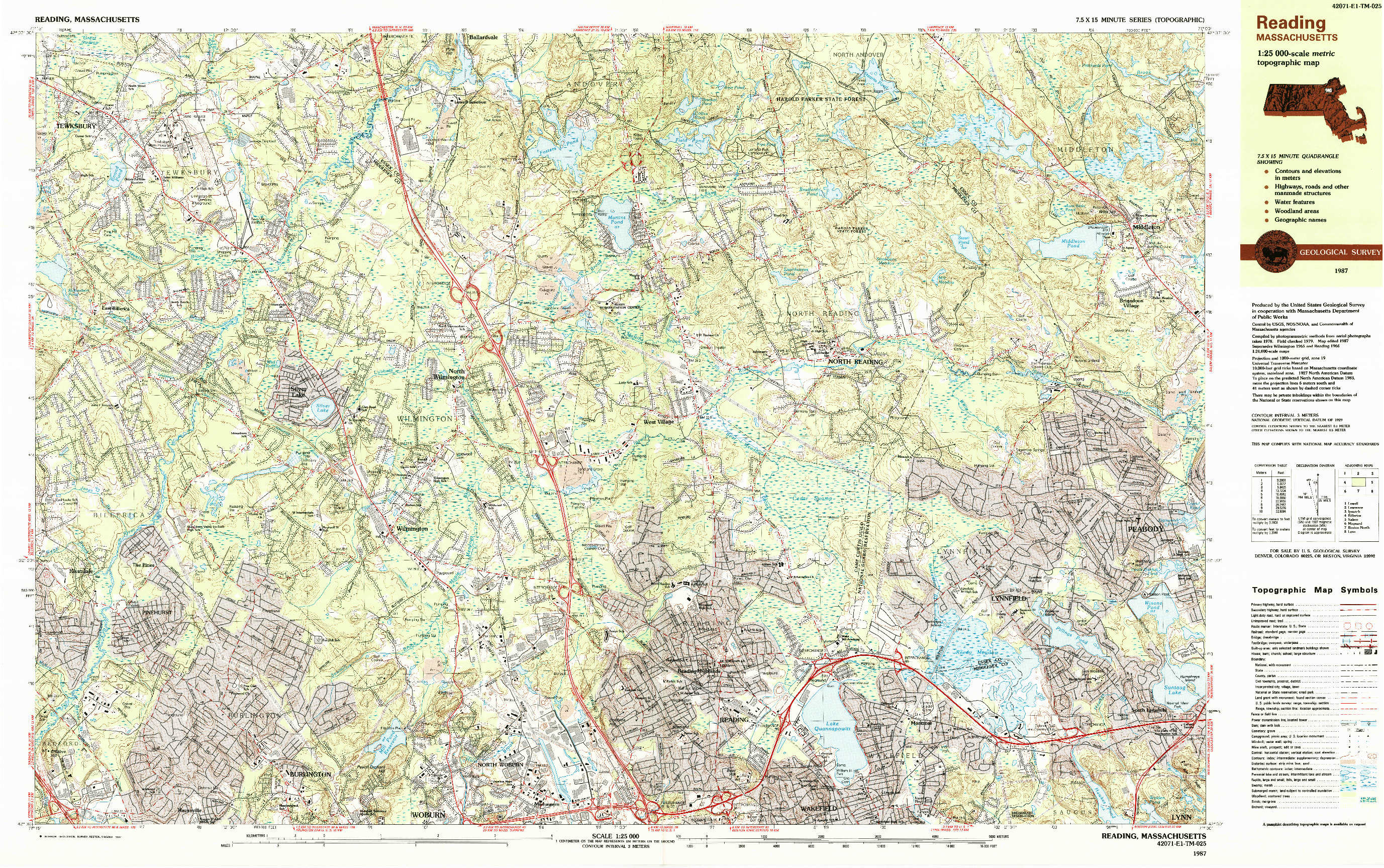 USGS 1:25000-SCALE QUADRANGLE FOR READING, MA 1987