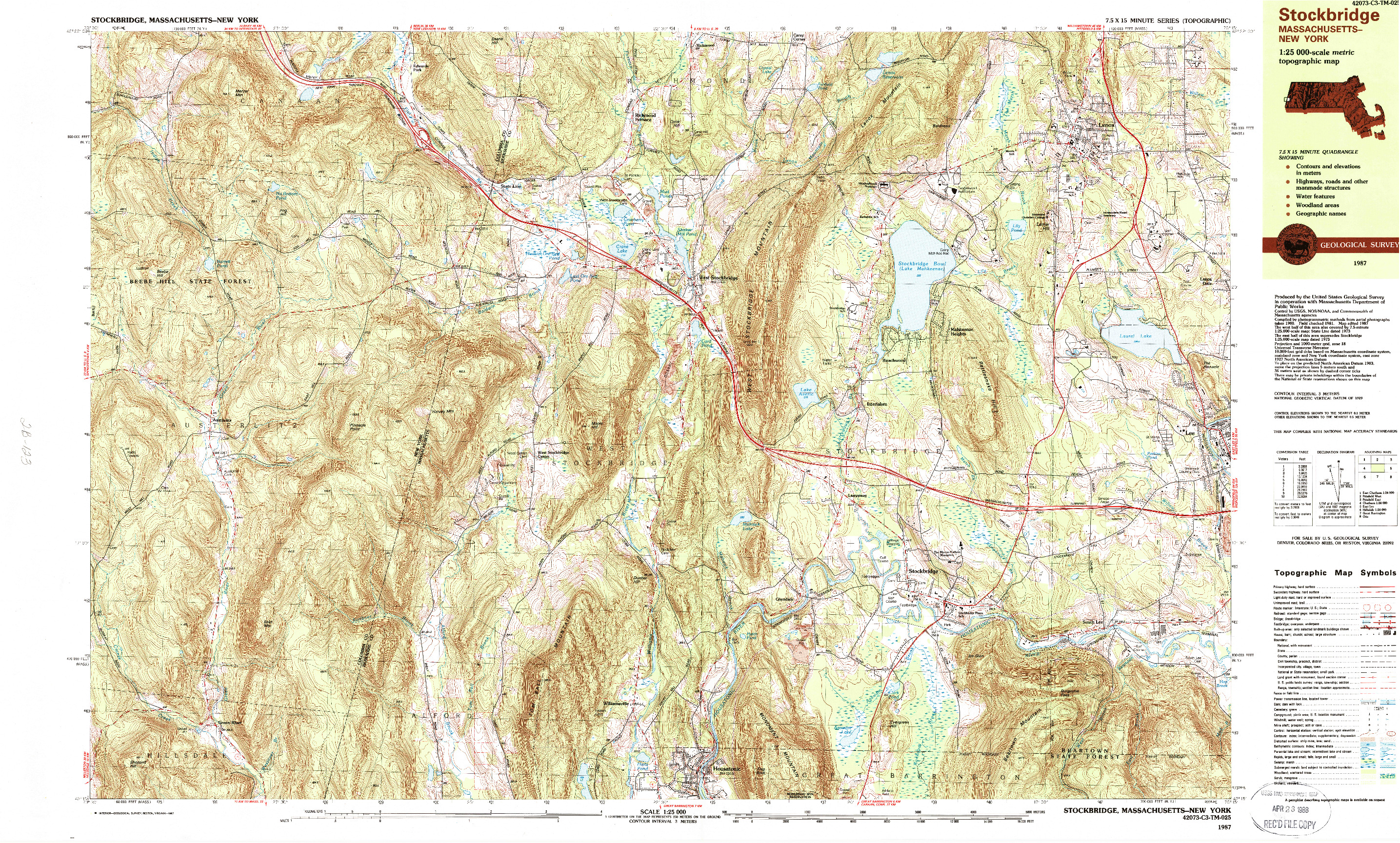 USGS 1:25000-SCALE QUADRANGLE FOR STOCKBRIDGE, MA 1987