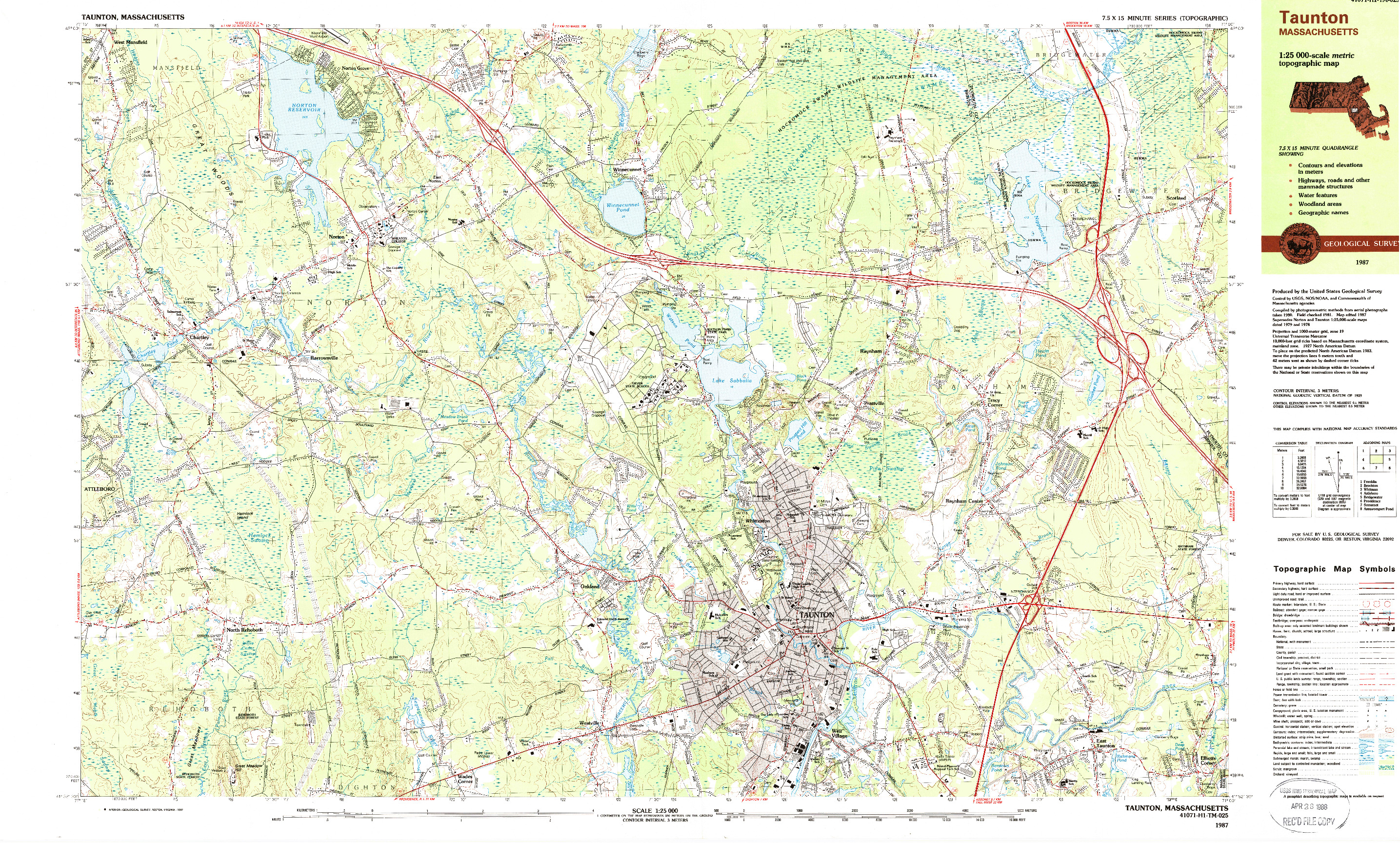 USGS 1:25000-SCALE QUADRANGLE FOR TAUNTON, MA 1987