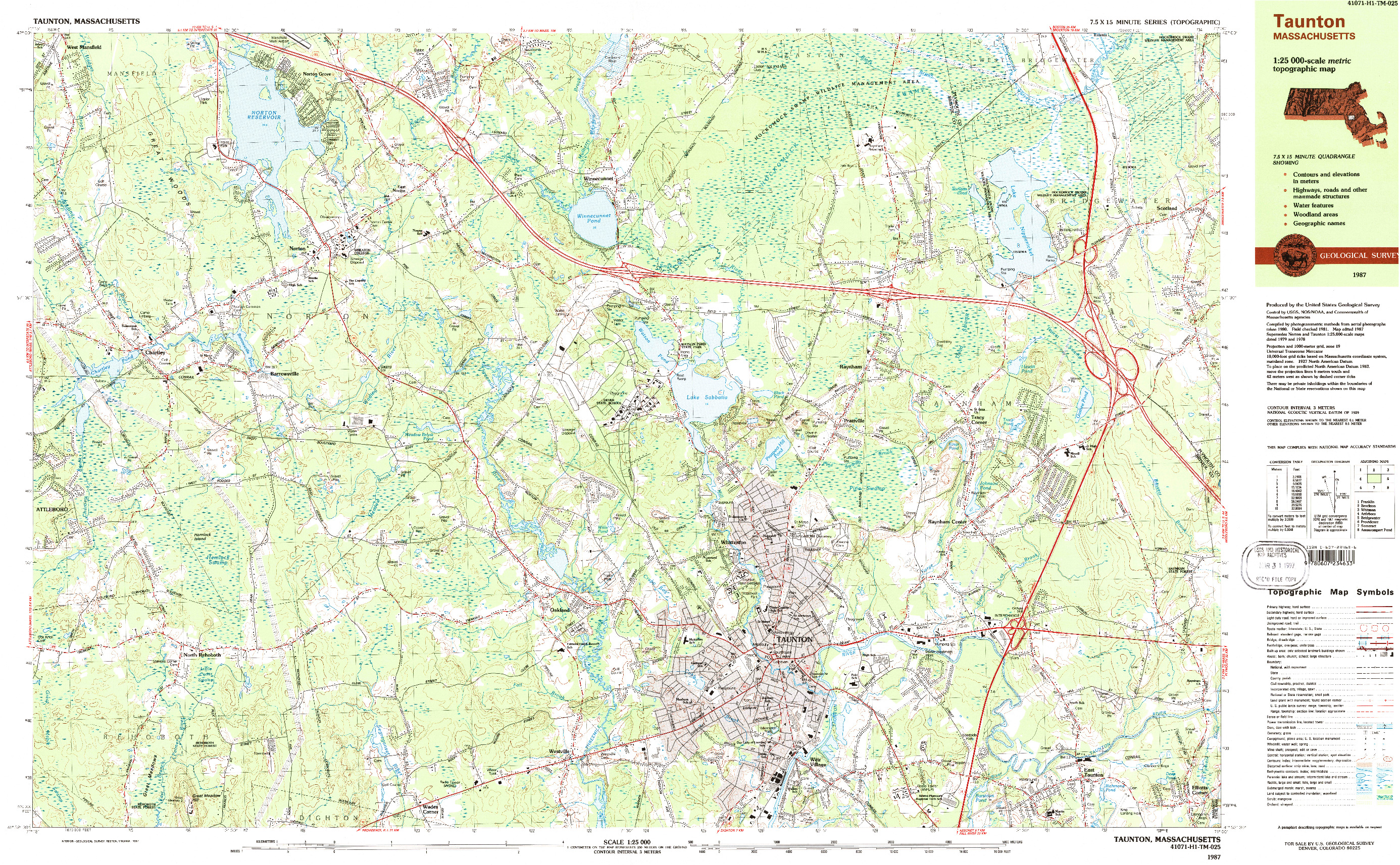 USGS 1:25000-SCALE QUADRANGLE FOR TAUNTON, MA 1987