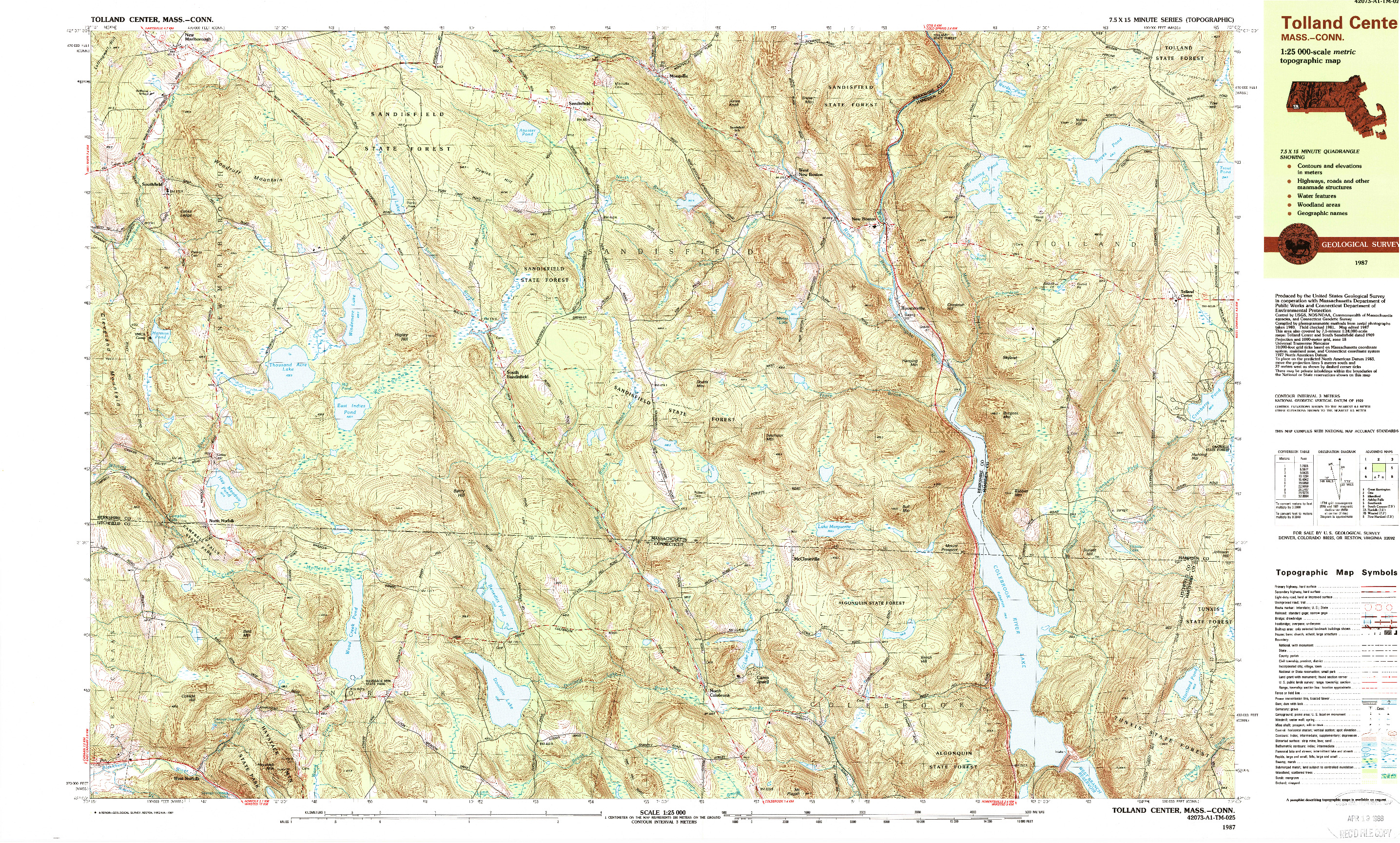 USGS 1:25000-SCALE QUADRANGLE FOR TOLLAND CENTER, MA 1987