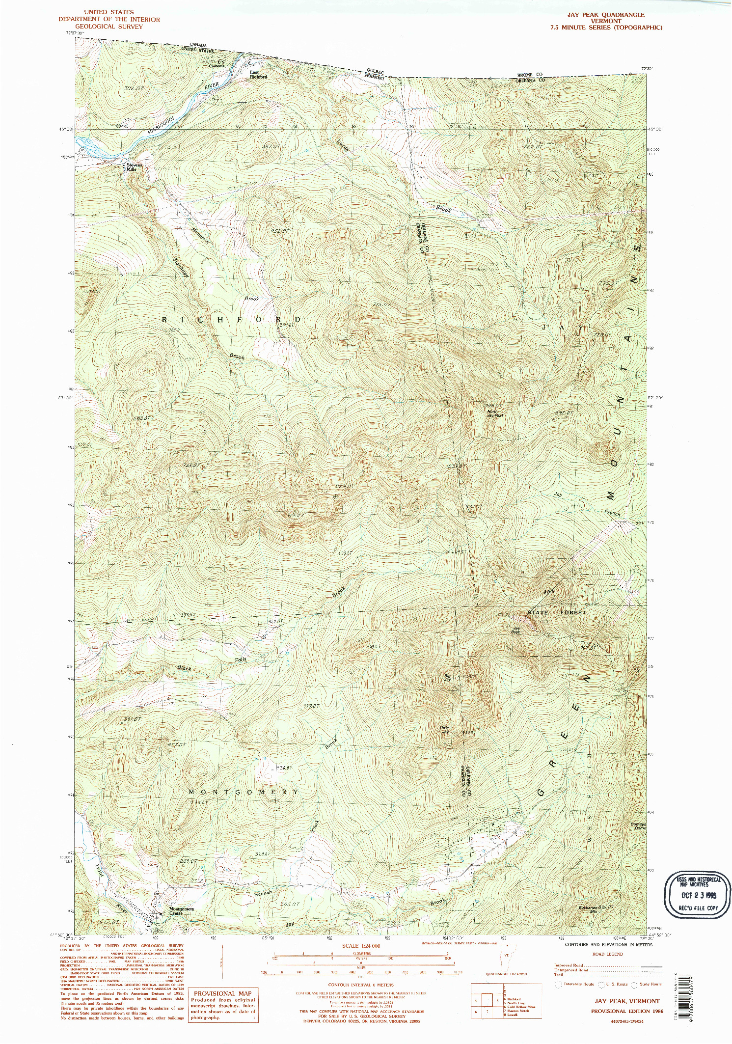 USGS 1:24000-SCALE QUADRANGLE FOR JAY PEAK, VT 1986