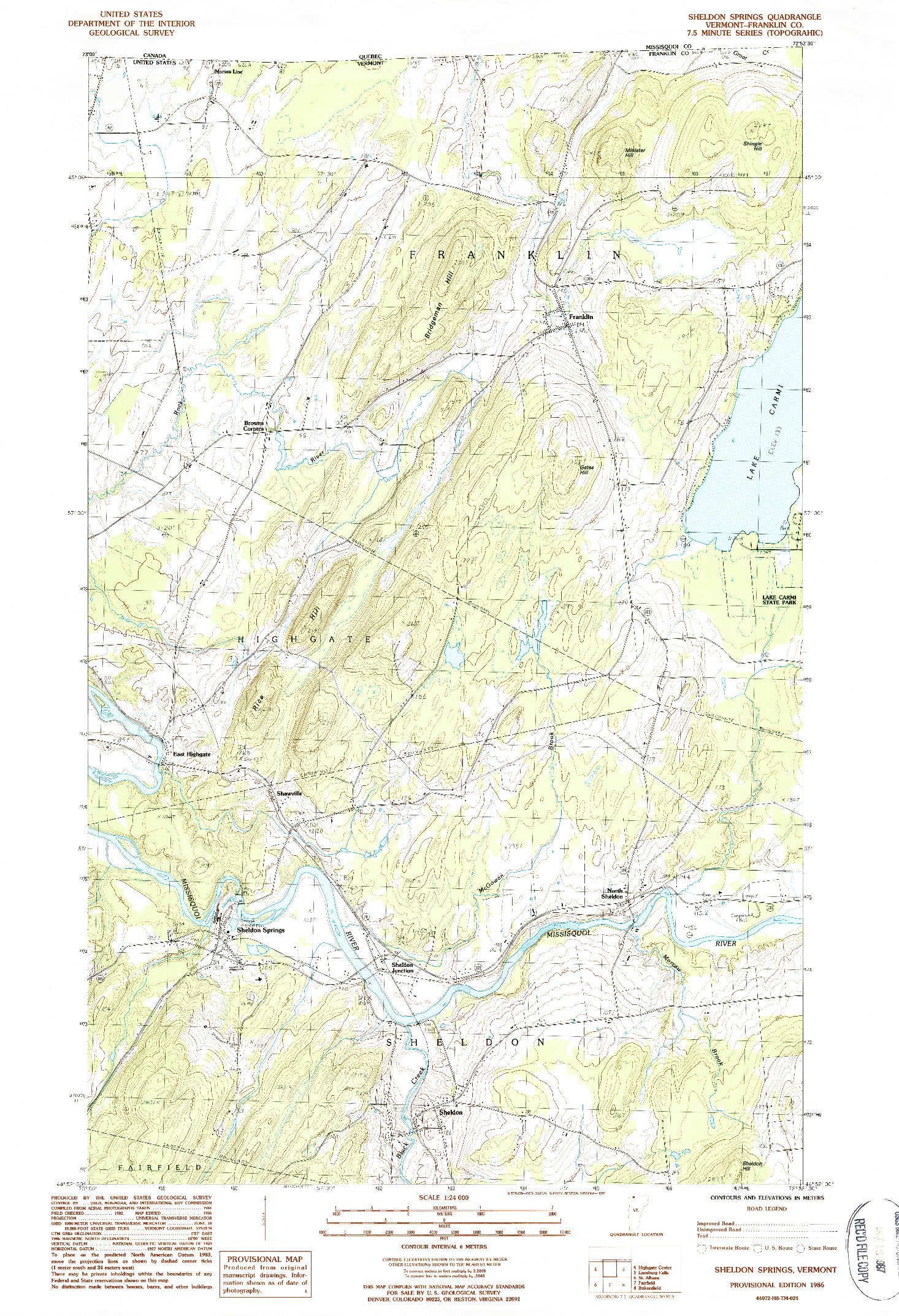 USGS 1:24000-SCALE QUADRANGLE FOR SHELDON SPRINGS, VT 1986